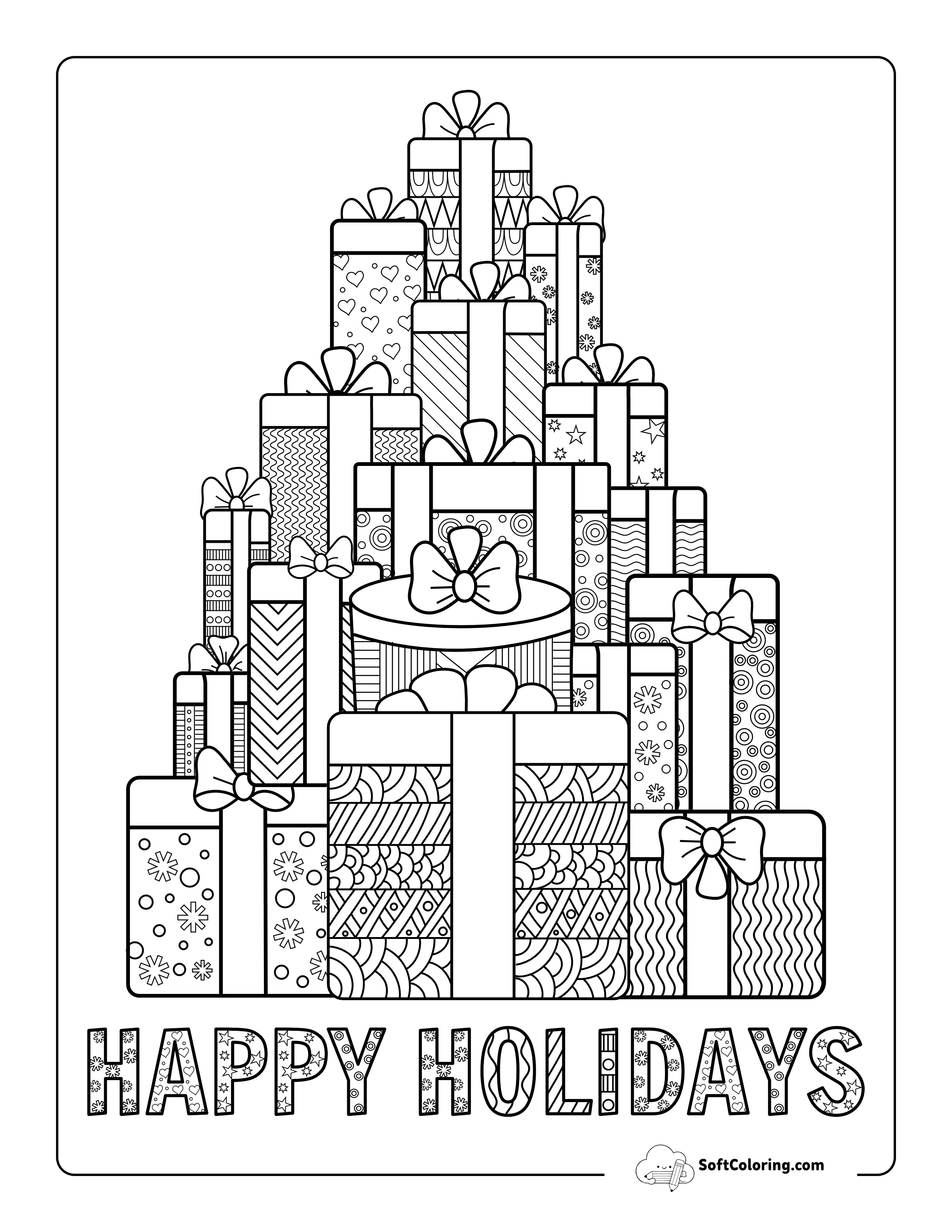 "Happy Holidays" Gifts Coloring Sheet For Adults
