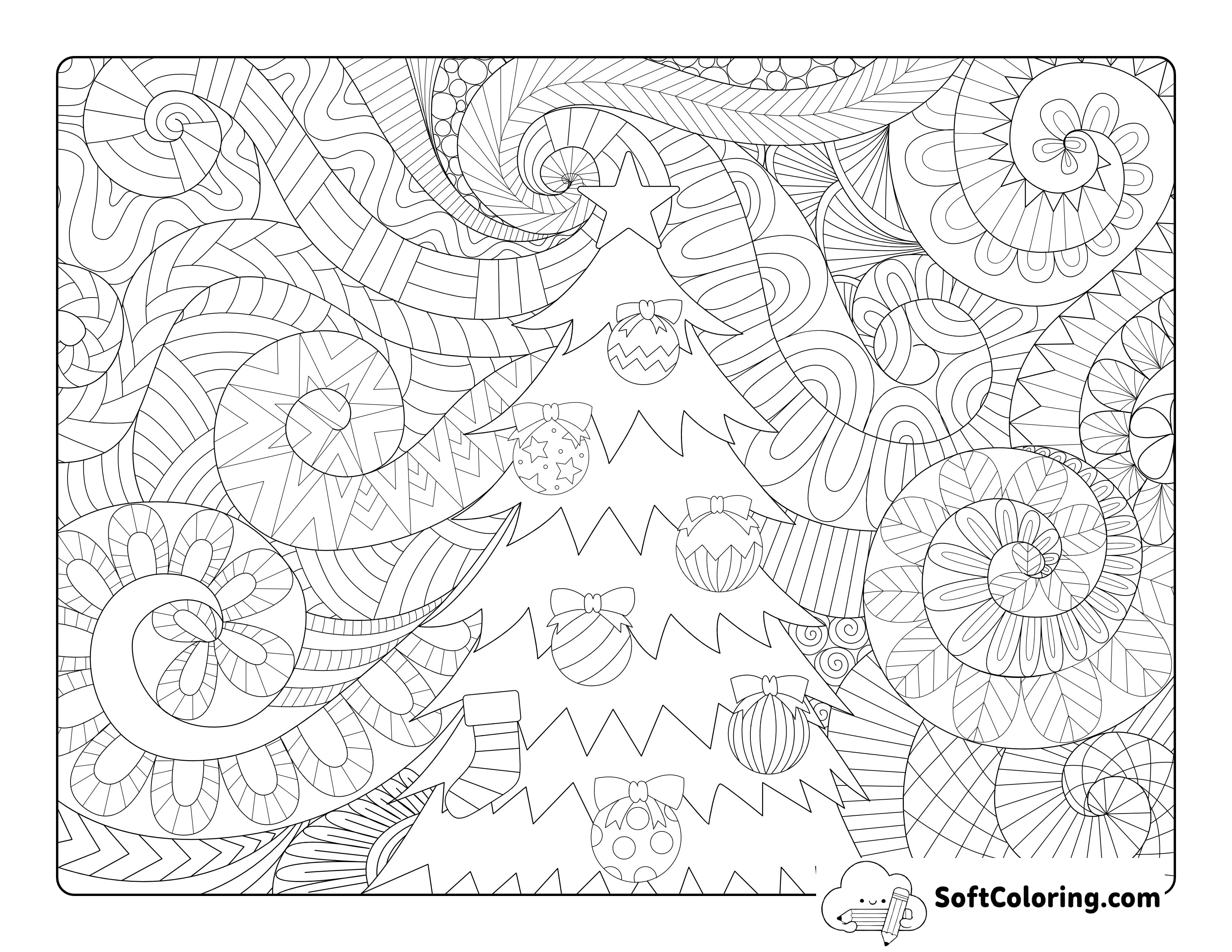 Swirly Christmas Tree Coloring Sheet for Adults