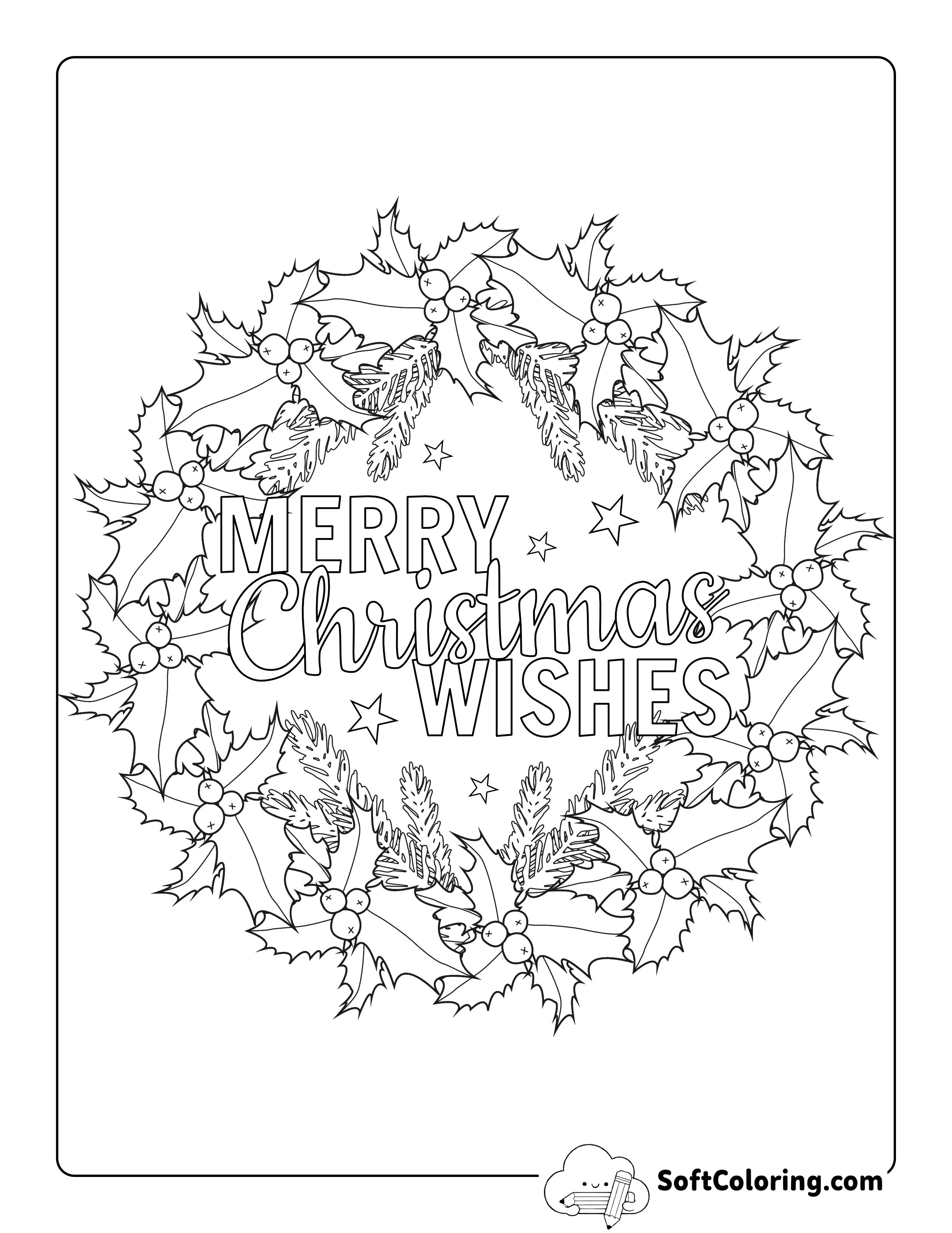"Merry Christmas Wishes" Wreath Coloring Page