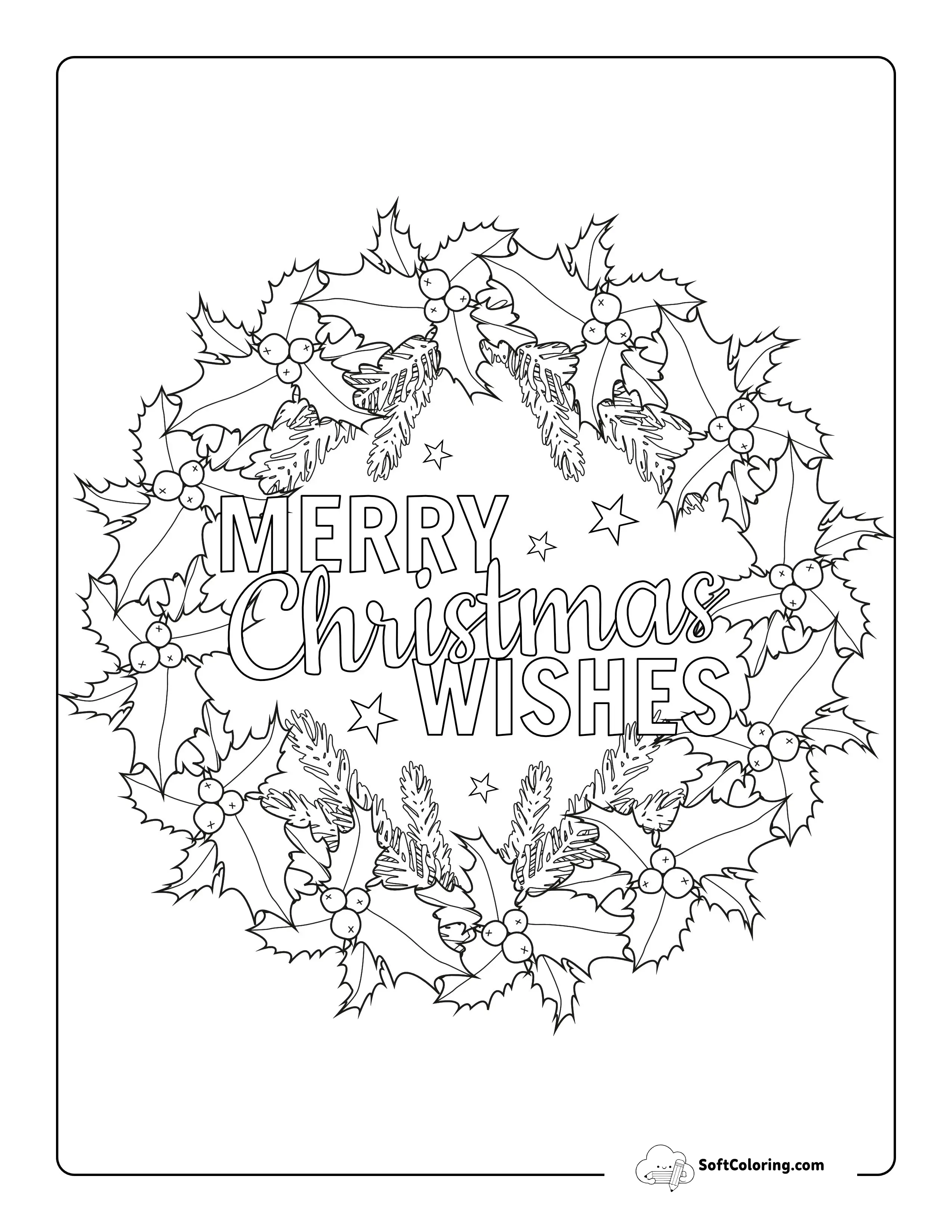 "Merry Christmas Wishes" Wreath Coloring Page