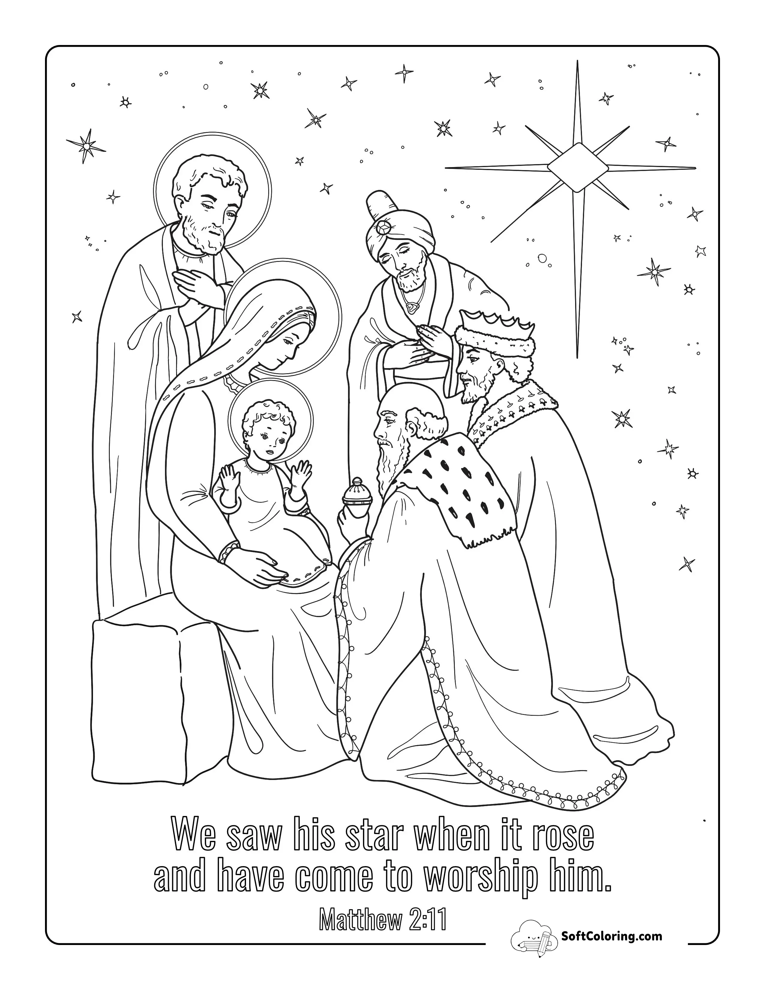 Baby Jesus And Three Kings Coloring Page