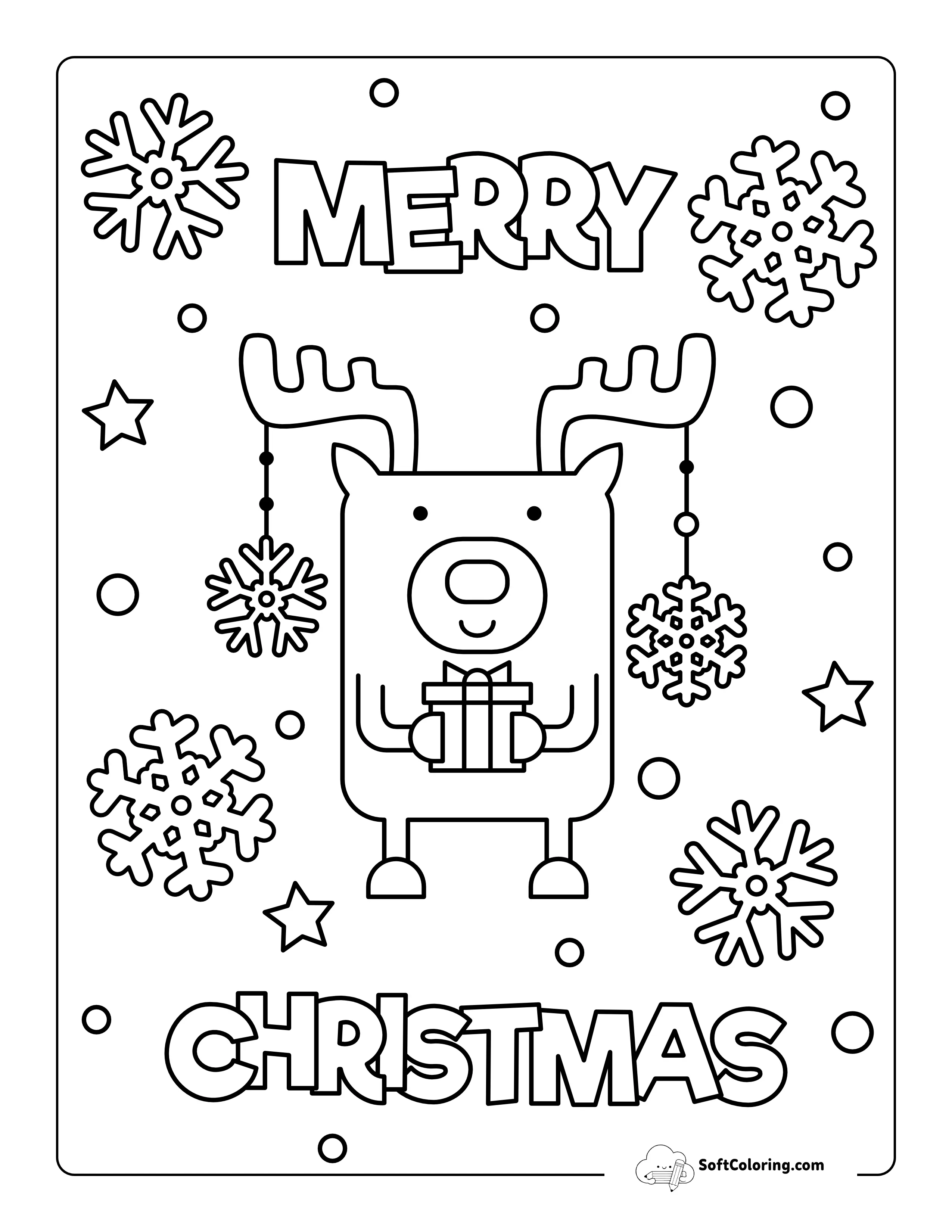 Easy "Merry Christmas" Cute Reindeer Coloring Page