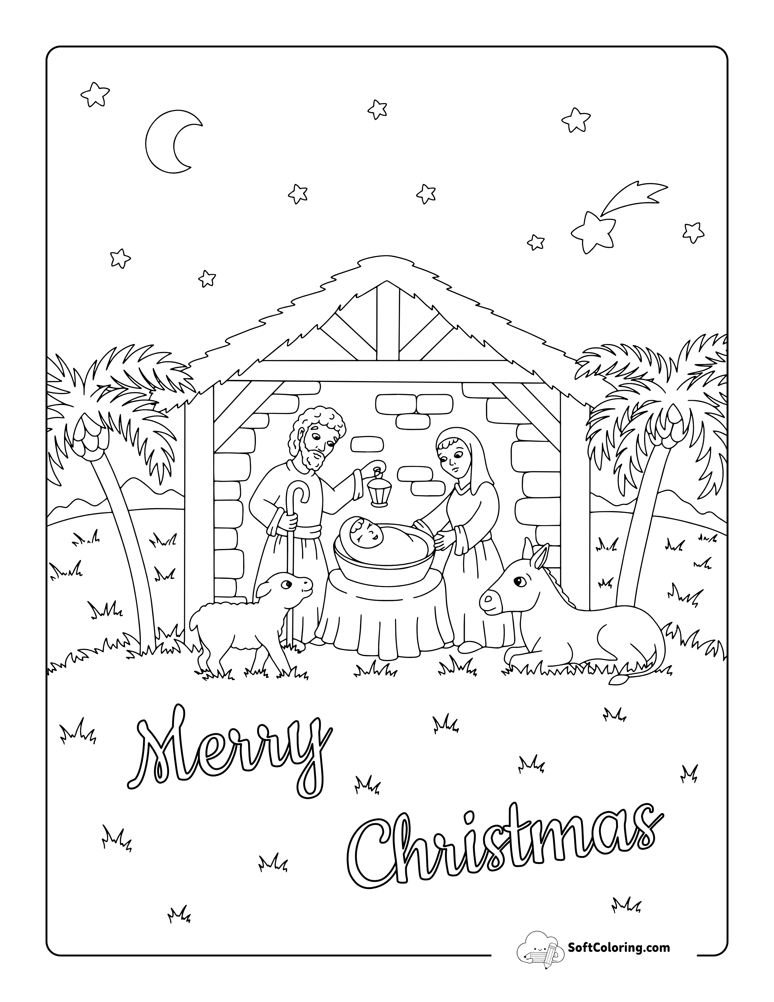 "Merry Christmas" Simple Nativity Scene Coloring Page