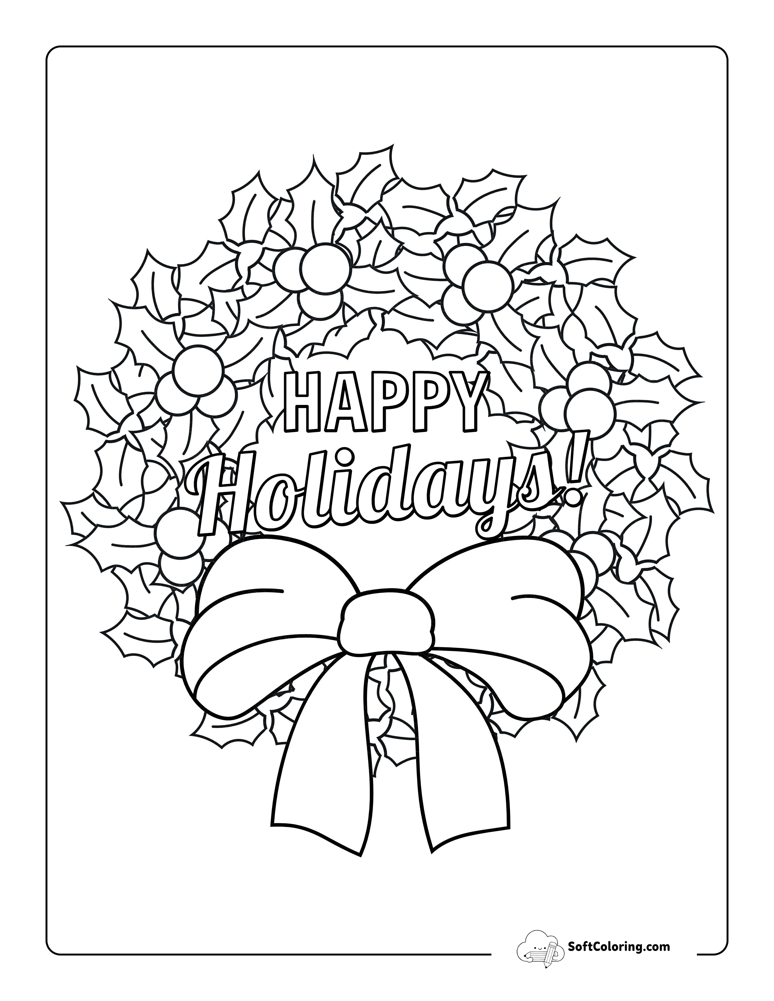 Holly Wreath With Bow Coloring Page