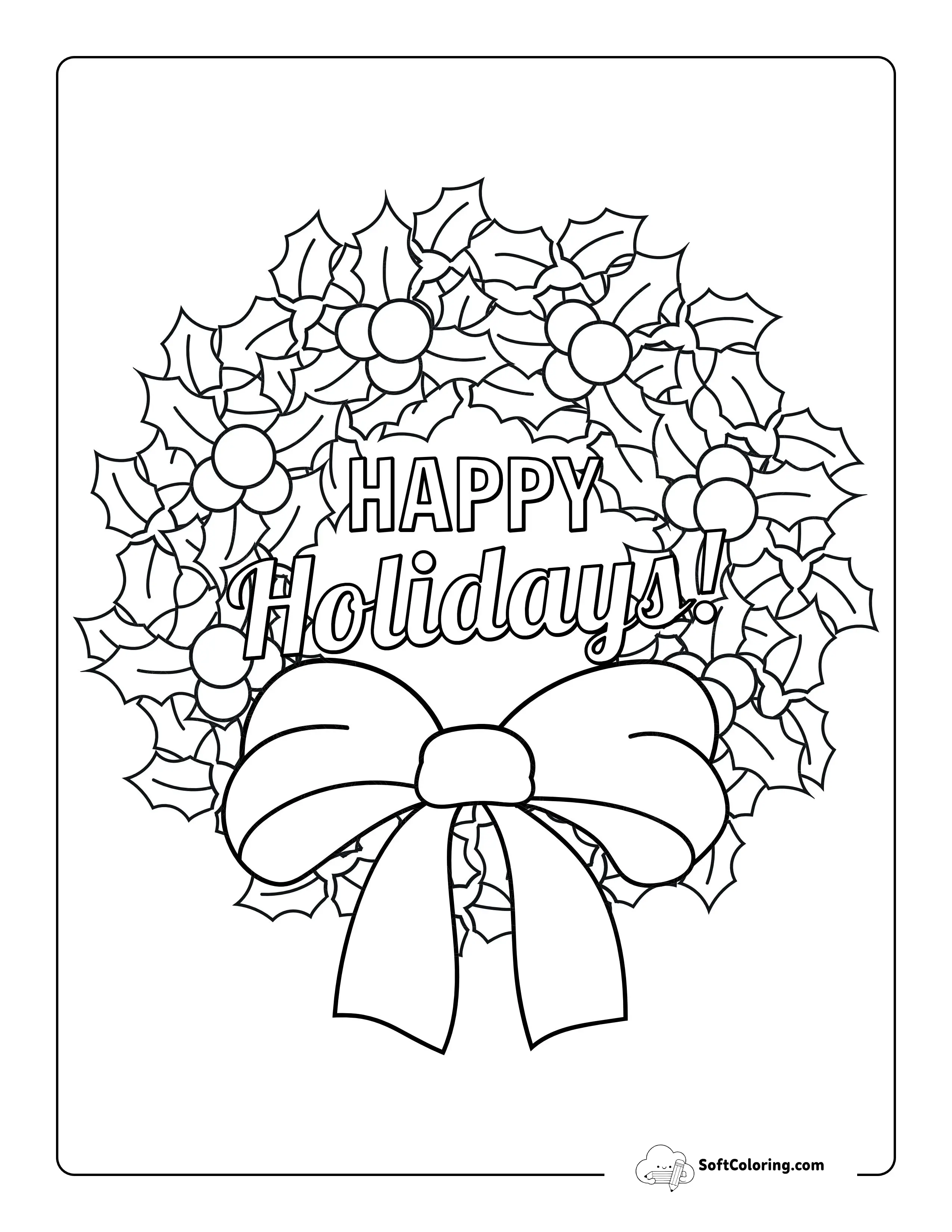 Holly Wreath With Bow Coloring Page