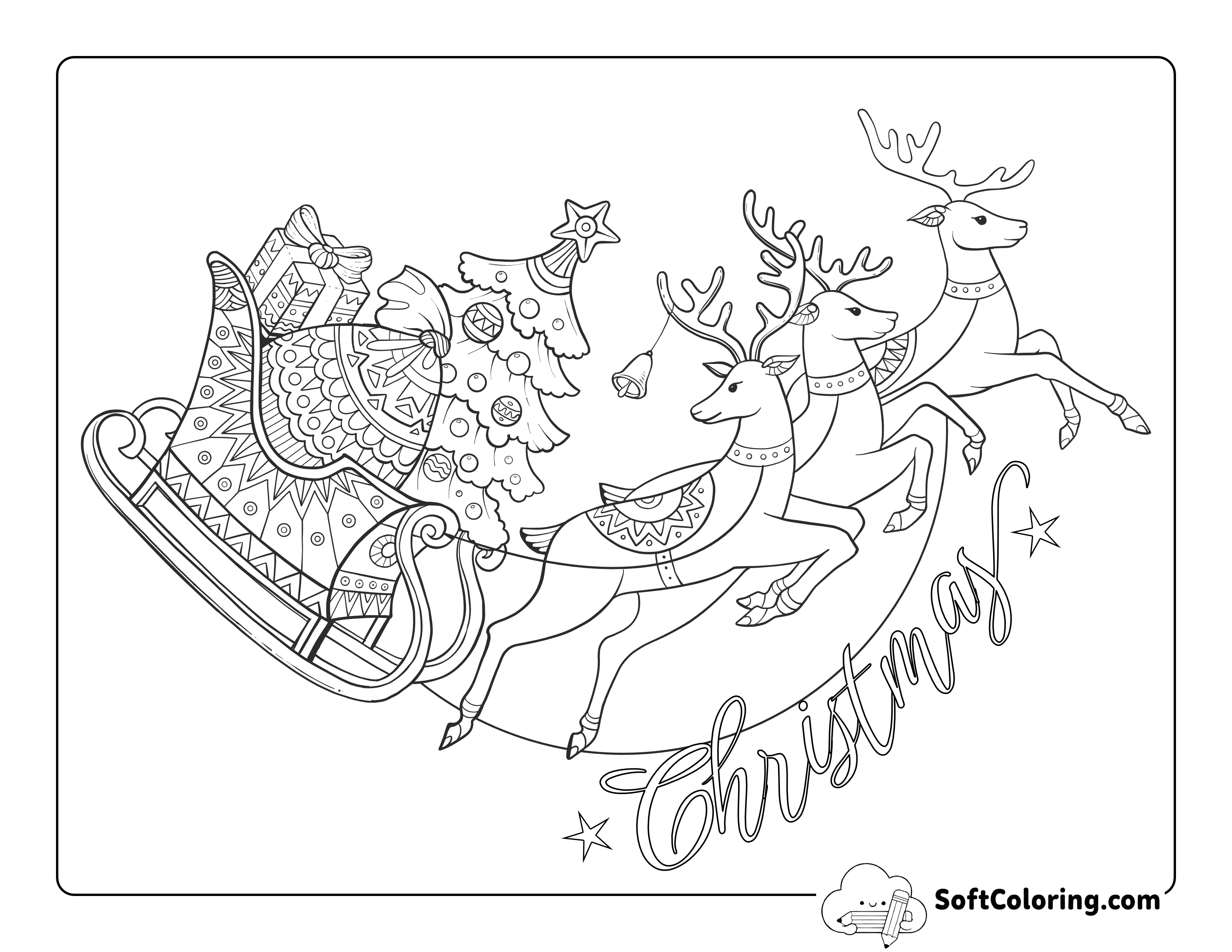 Santa's Sleigh with Flying Reindeer to Color