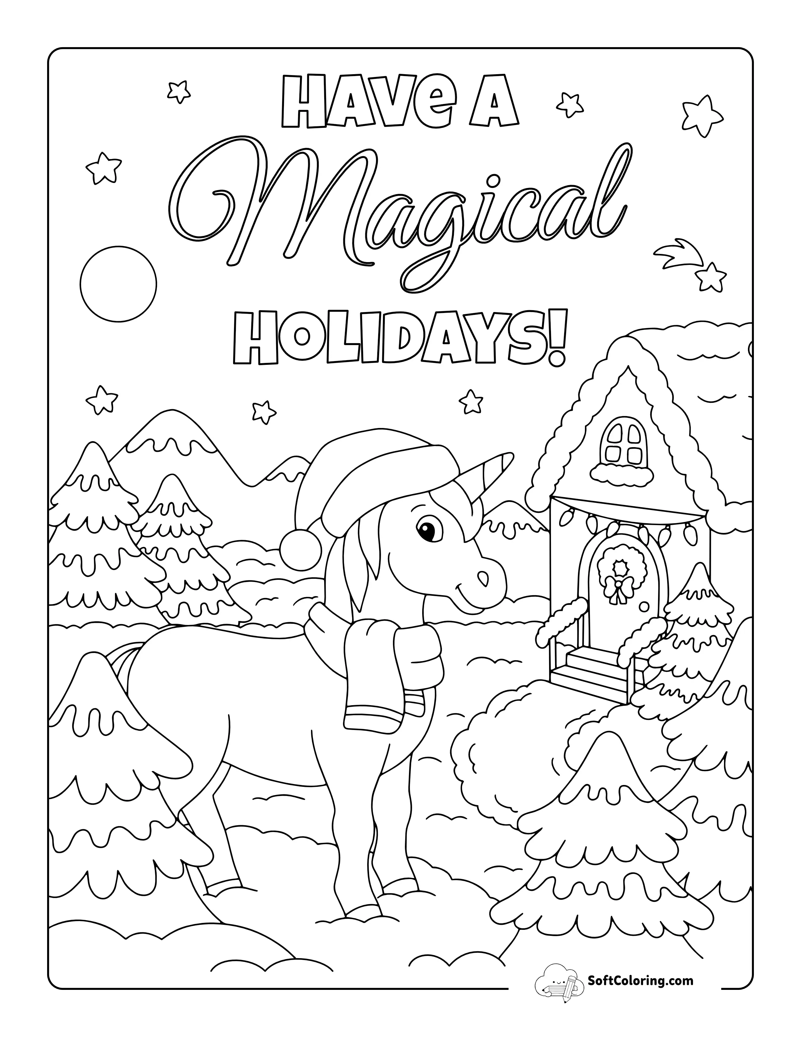 Winter Unicorn Coloring Page For Kids