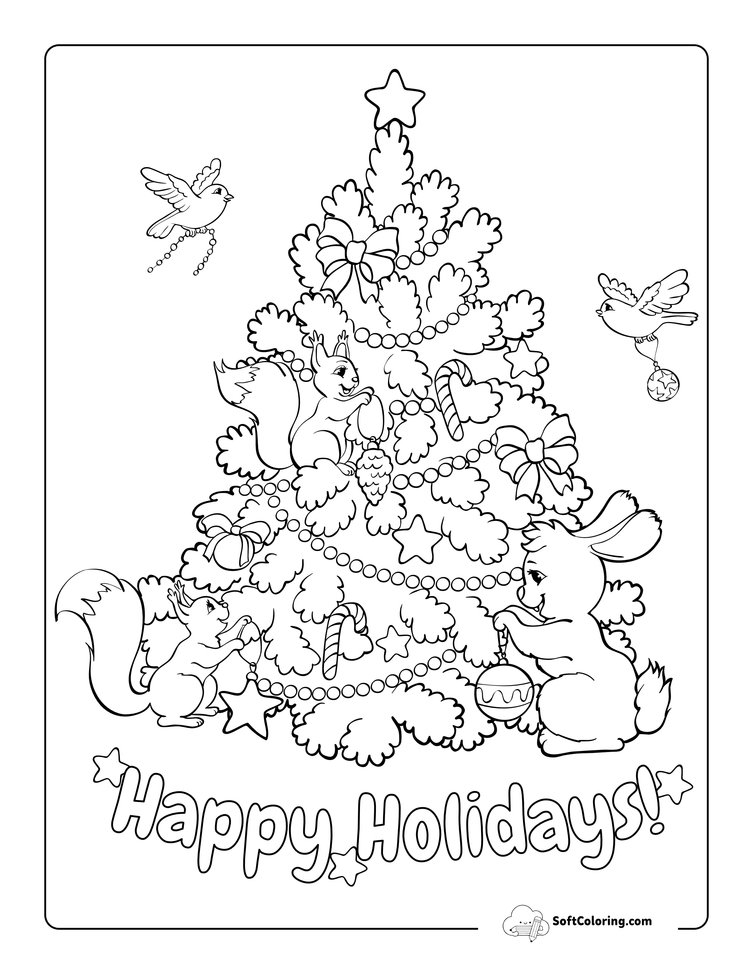 Forest Animals Decorating Christmas Tree Picture To Color