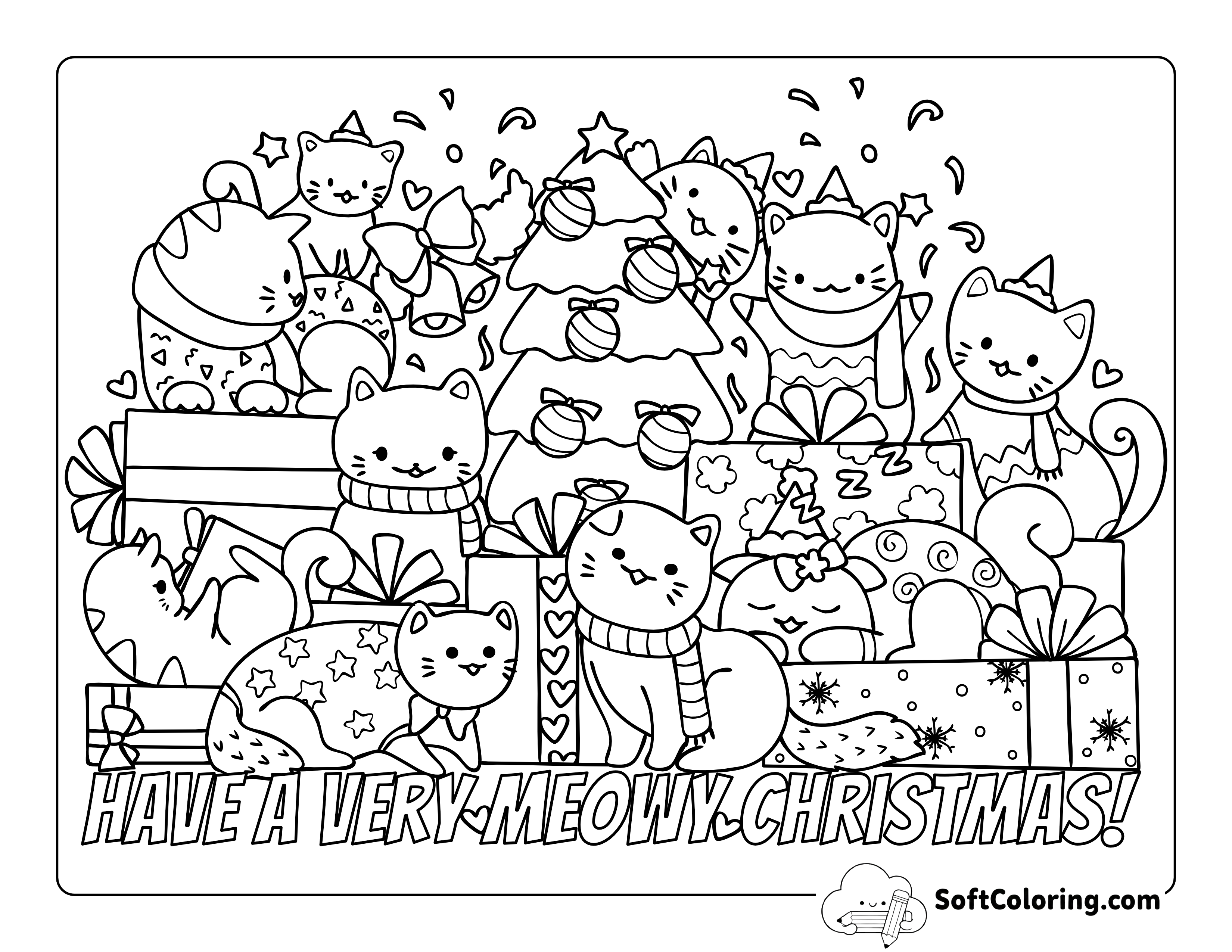 Cute Cats next to Xmas Tree with Gifts to Color