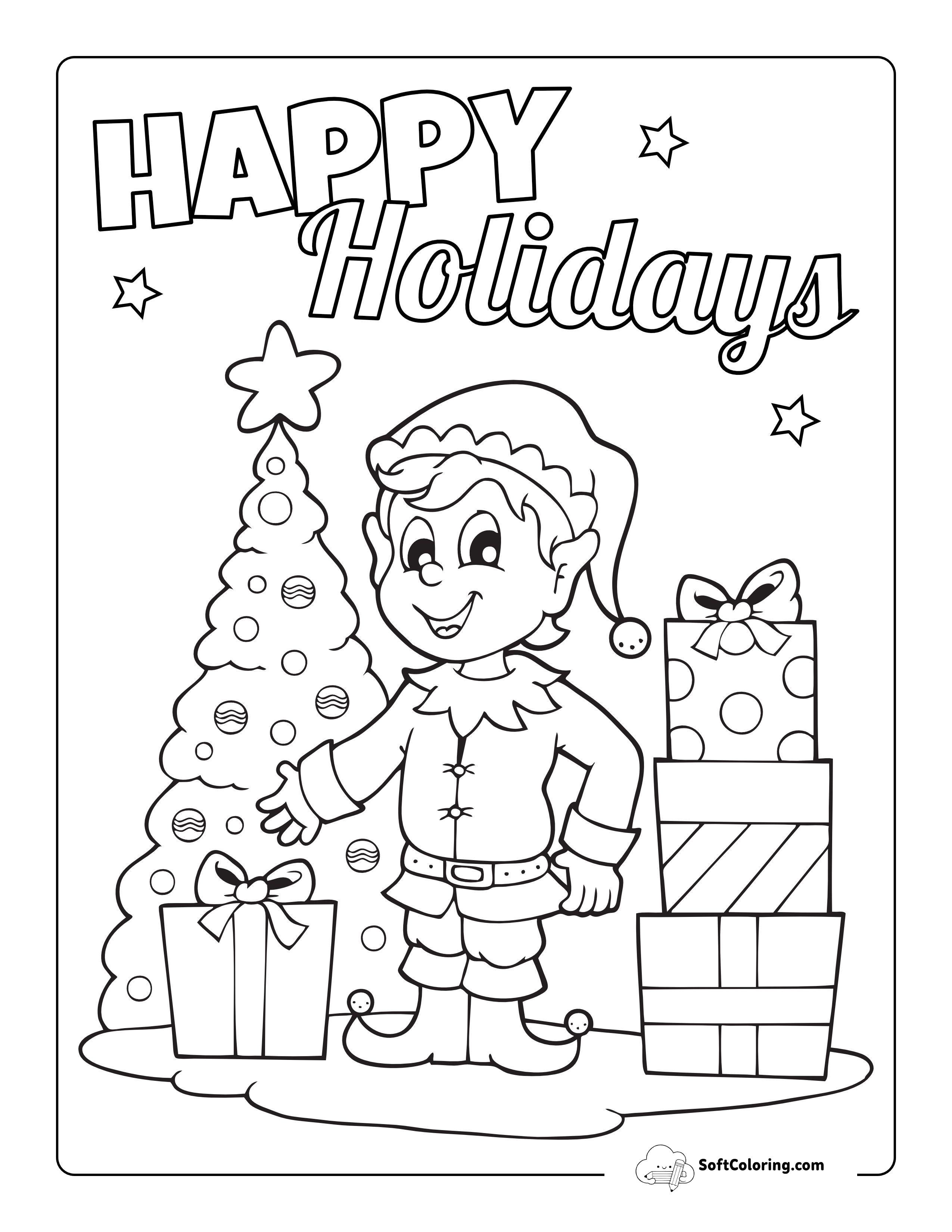 Cute Elf Delivering Presents Coloring Page For Kids