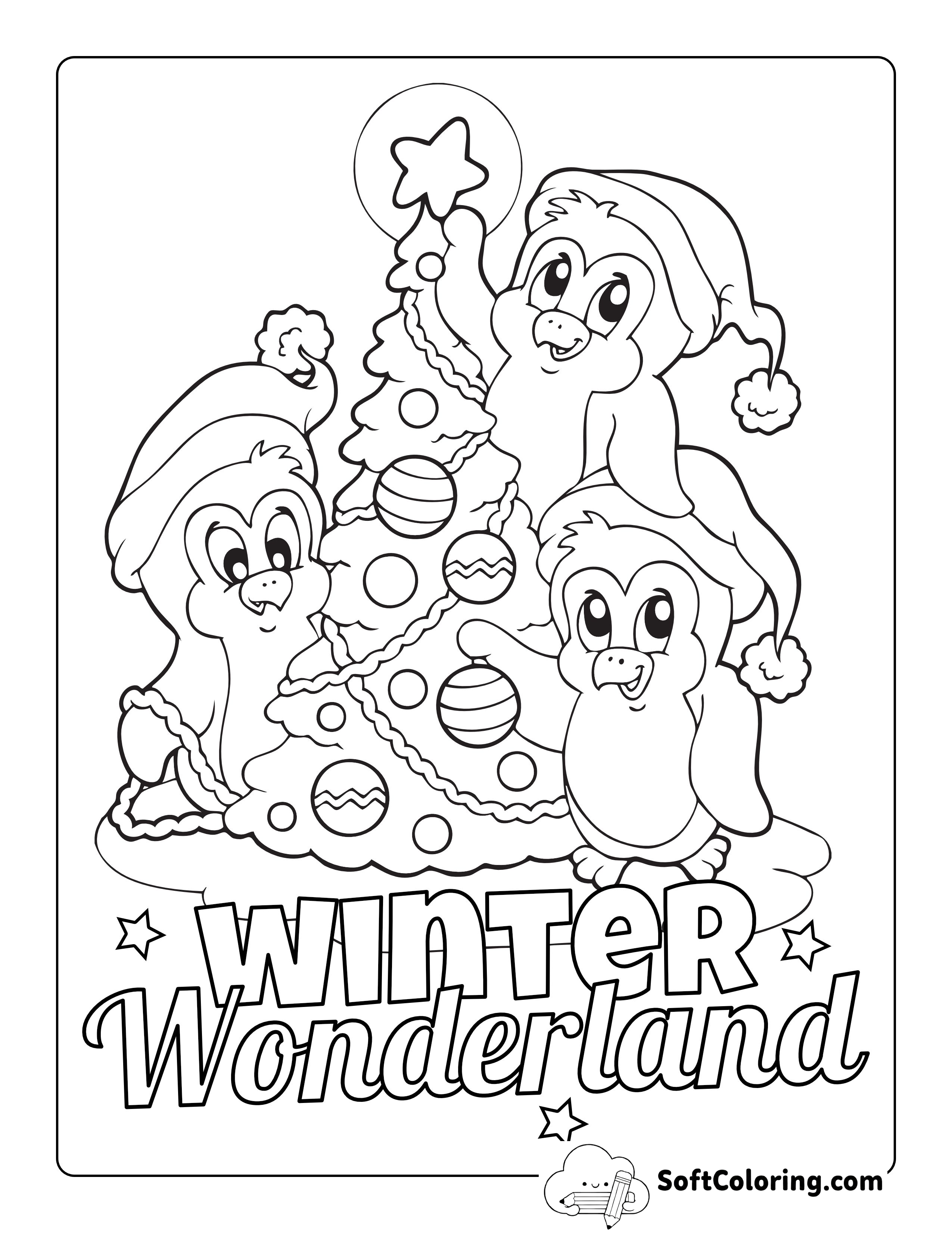 Cute Penguins Decorating Tree Cartoon Picture for Kids