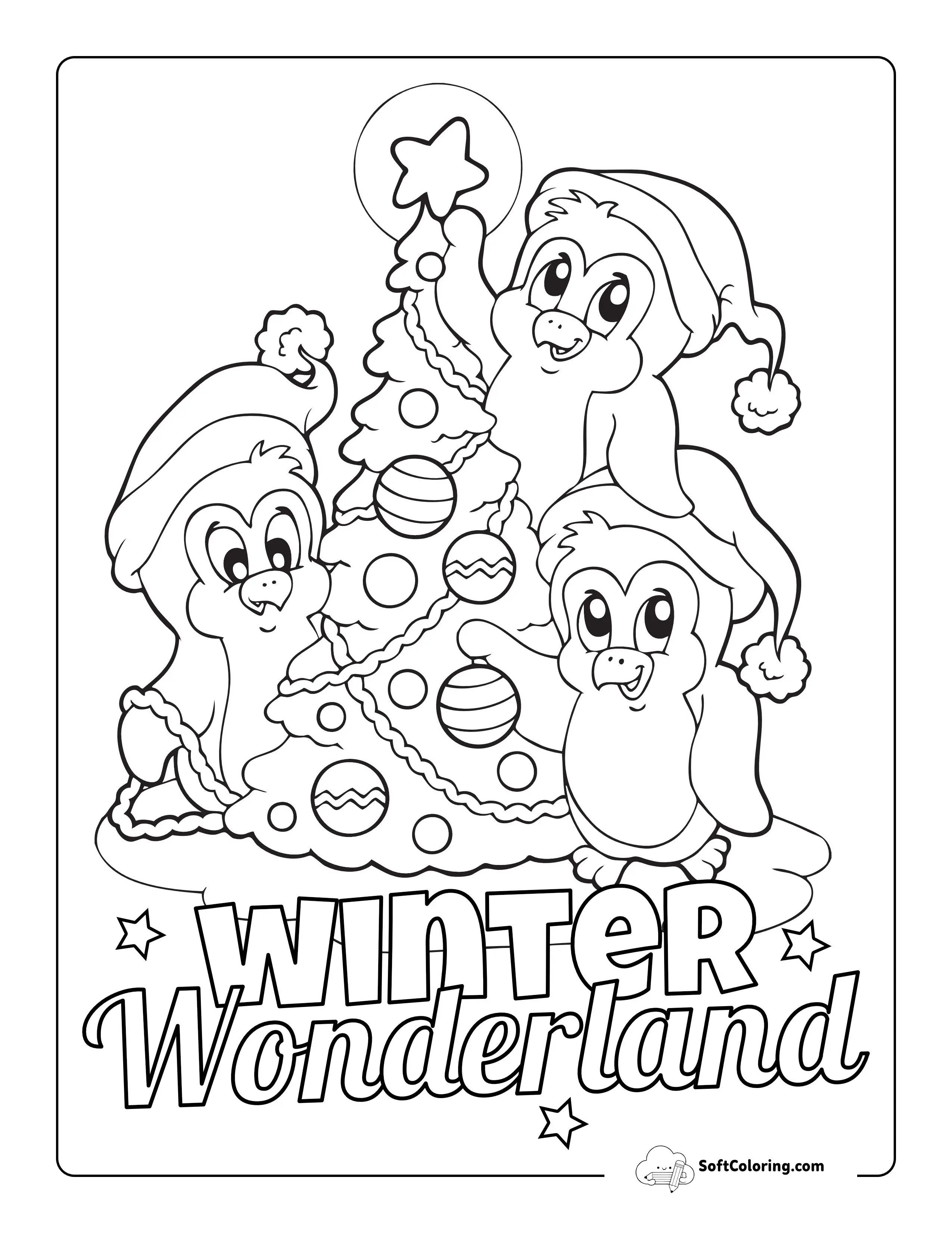 Cute Penguins Decorating Tree Cartoon Picture For Kids