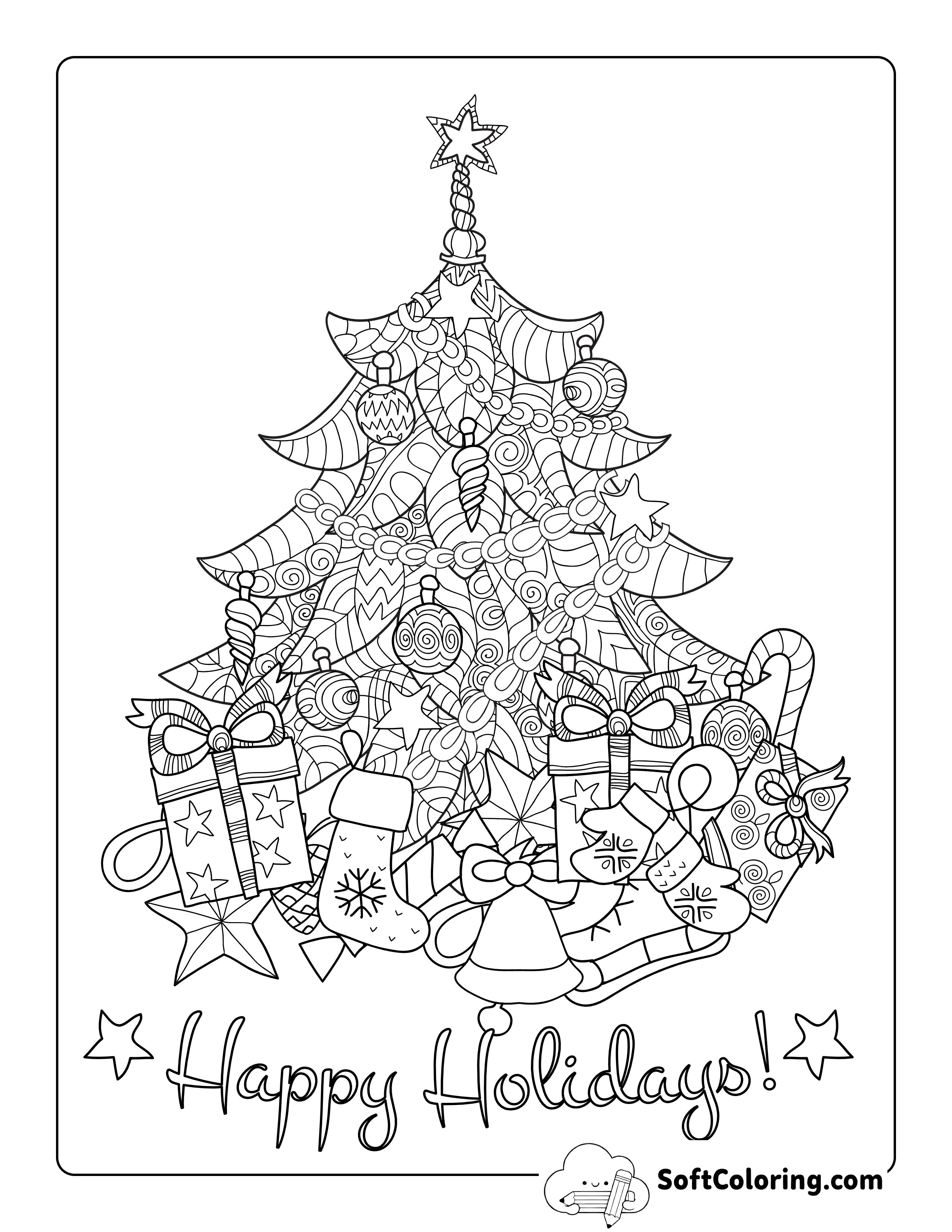 Patterned Christmas Tree with Presents Coloring Page
