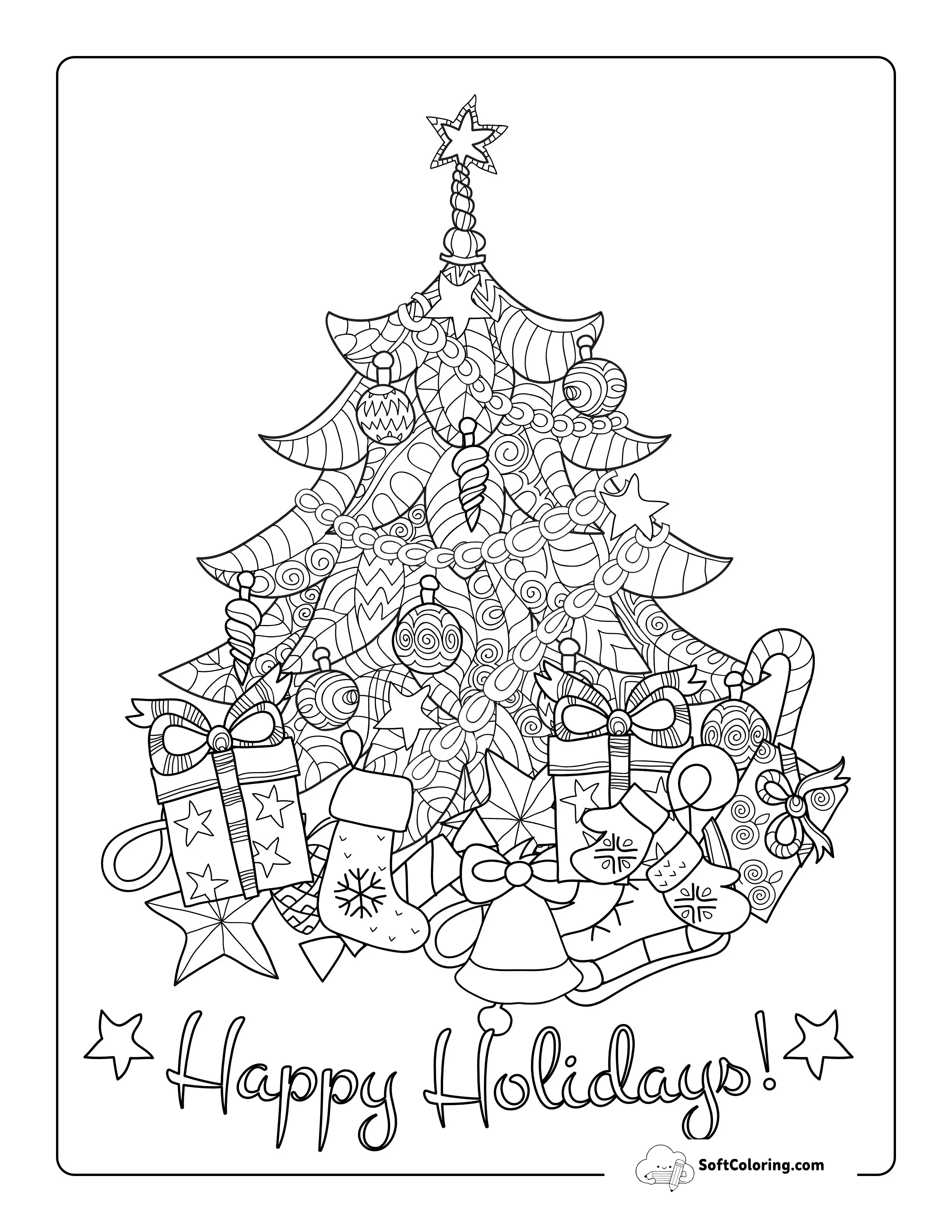 Patterned Christmas Tree With Presents Coloring Page