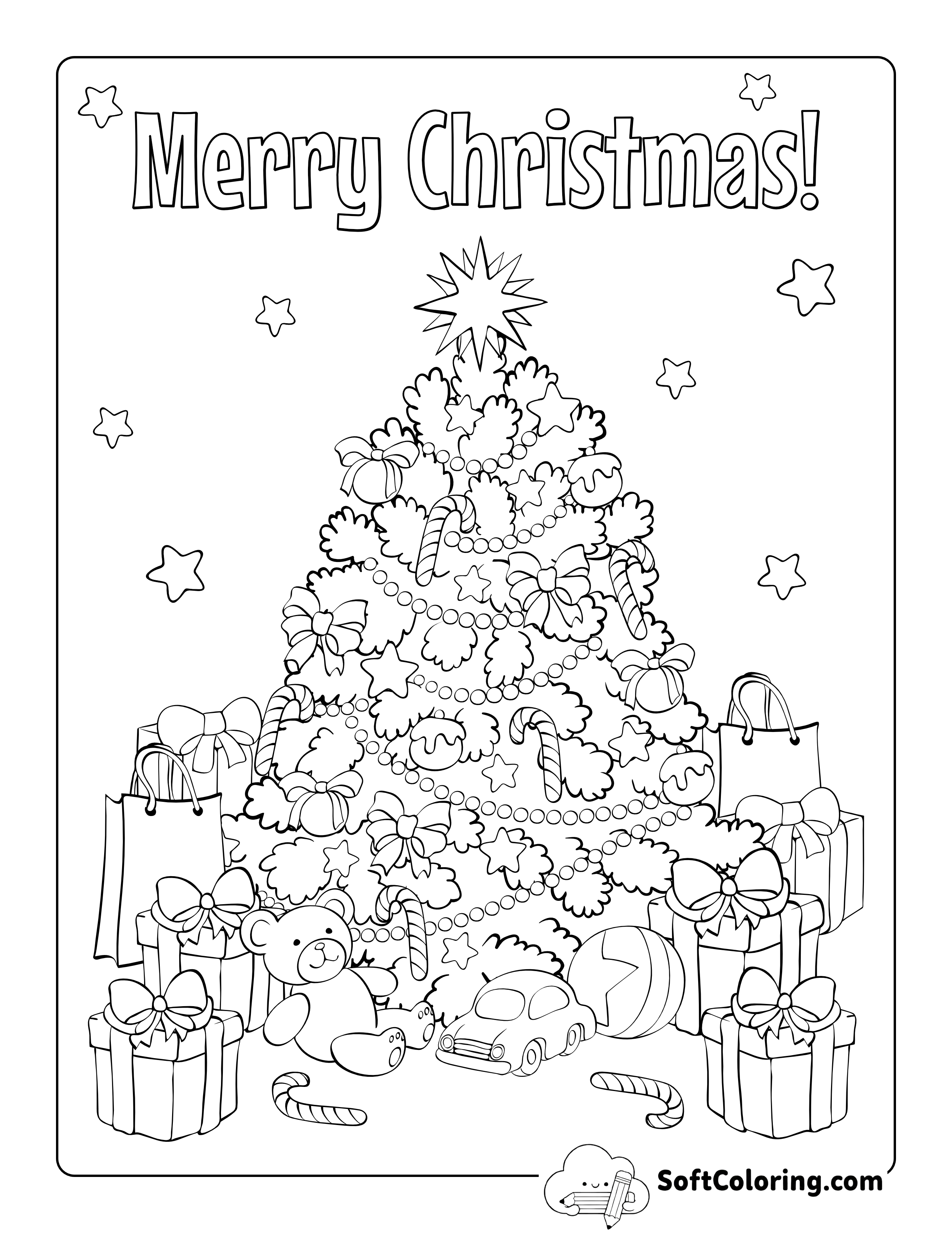 Decorated Christmas Tree with Gifts Coloring Sheet