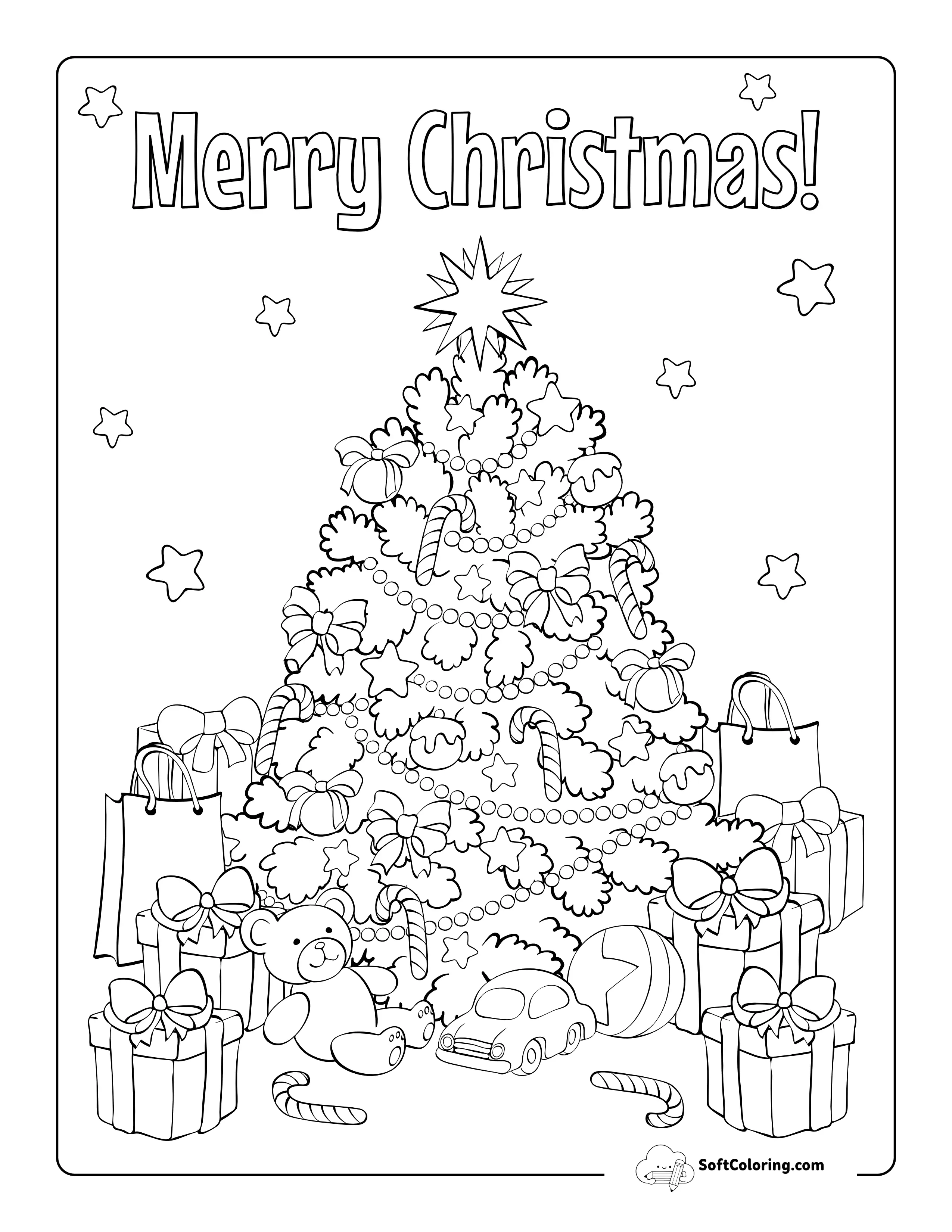 Decorated Christmas Tree With Gifts Coloring Sheet