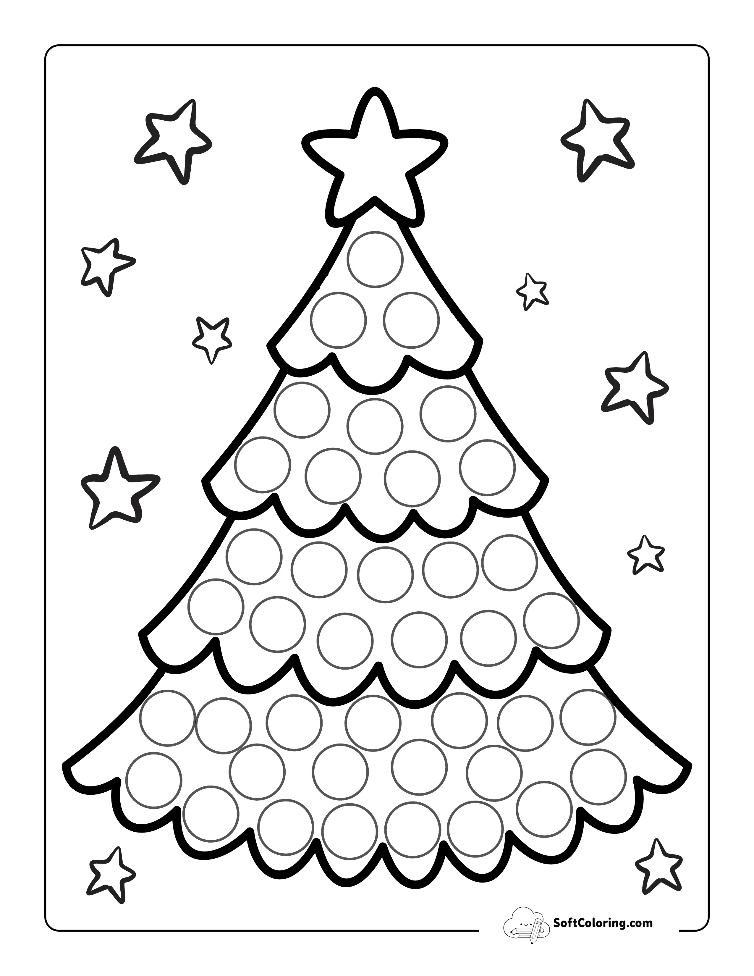 New Easy Marker Dot Christmas Tree Coloring Page For Kids