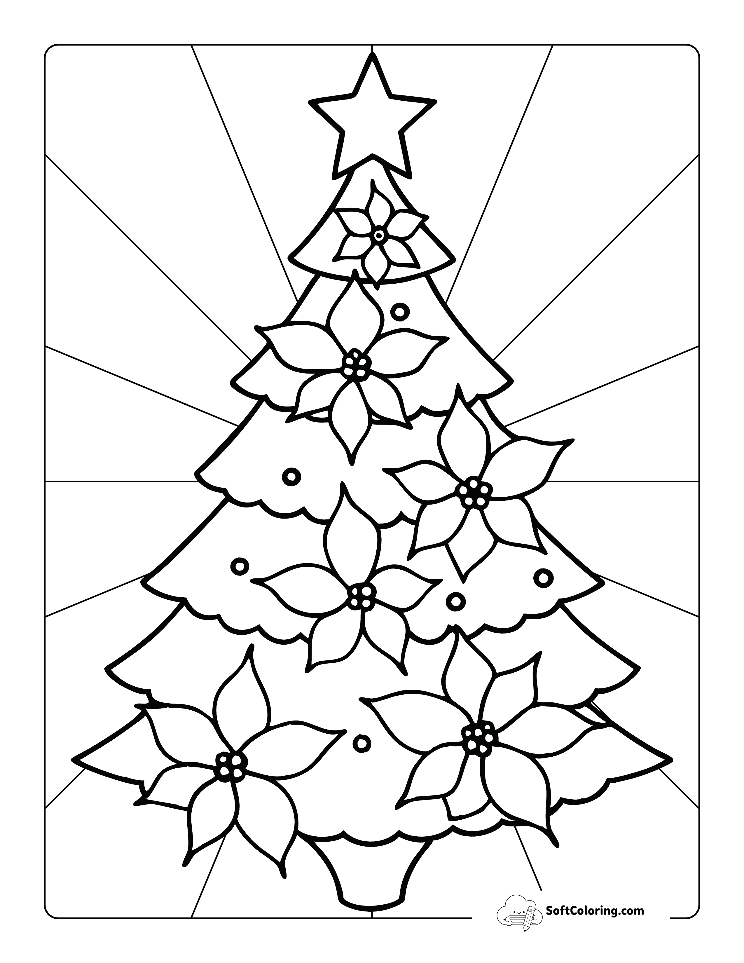 New Easy Christmas Tree Coloring Page With Poinsettia Flowers