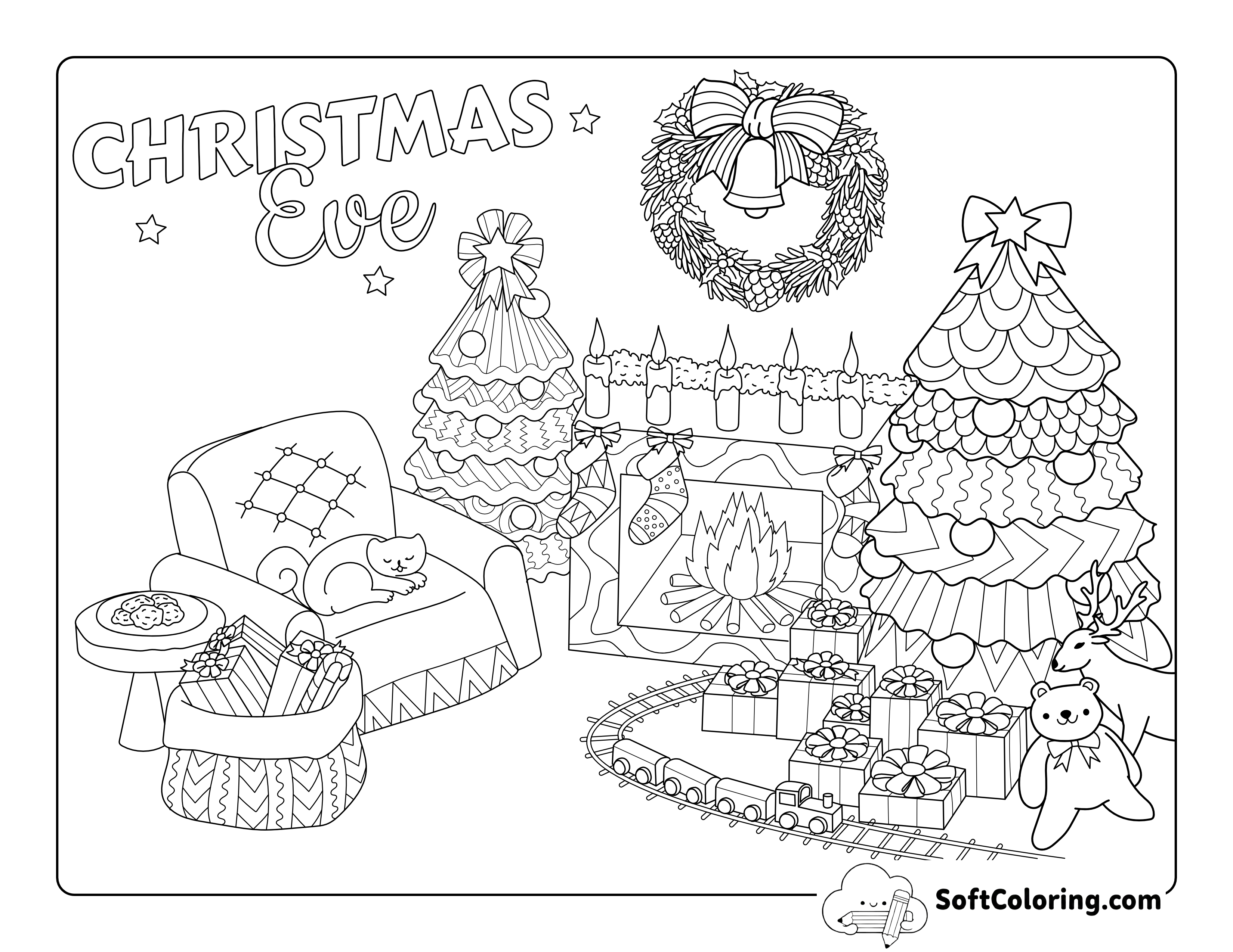 Cozy Fireside Christmas Scene with Decorated Tree to Color