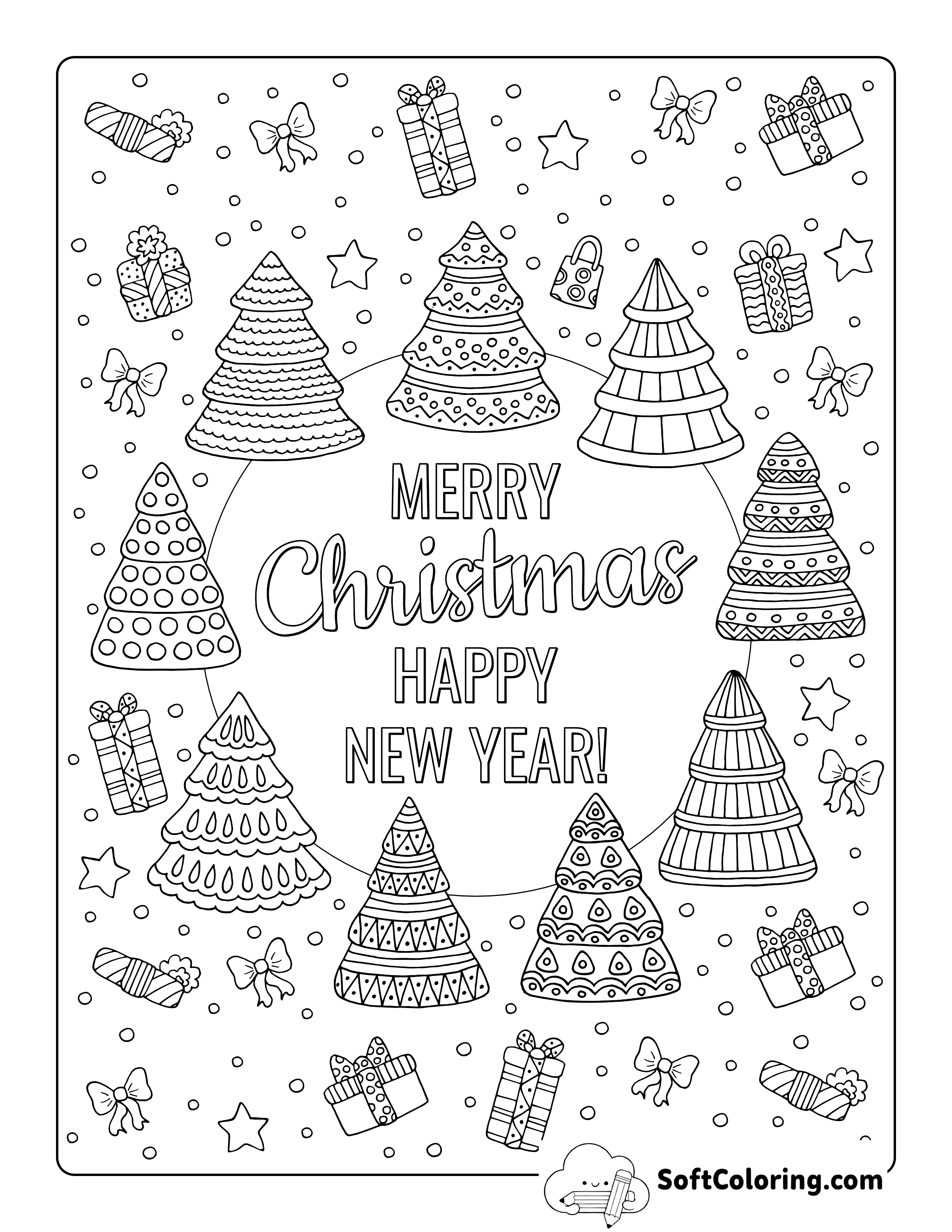 "Merry Christmas" Trees Coloring Page
