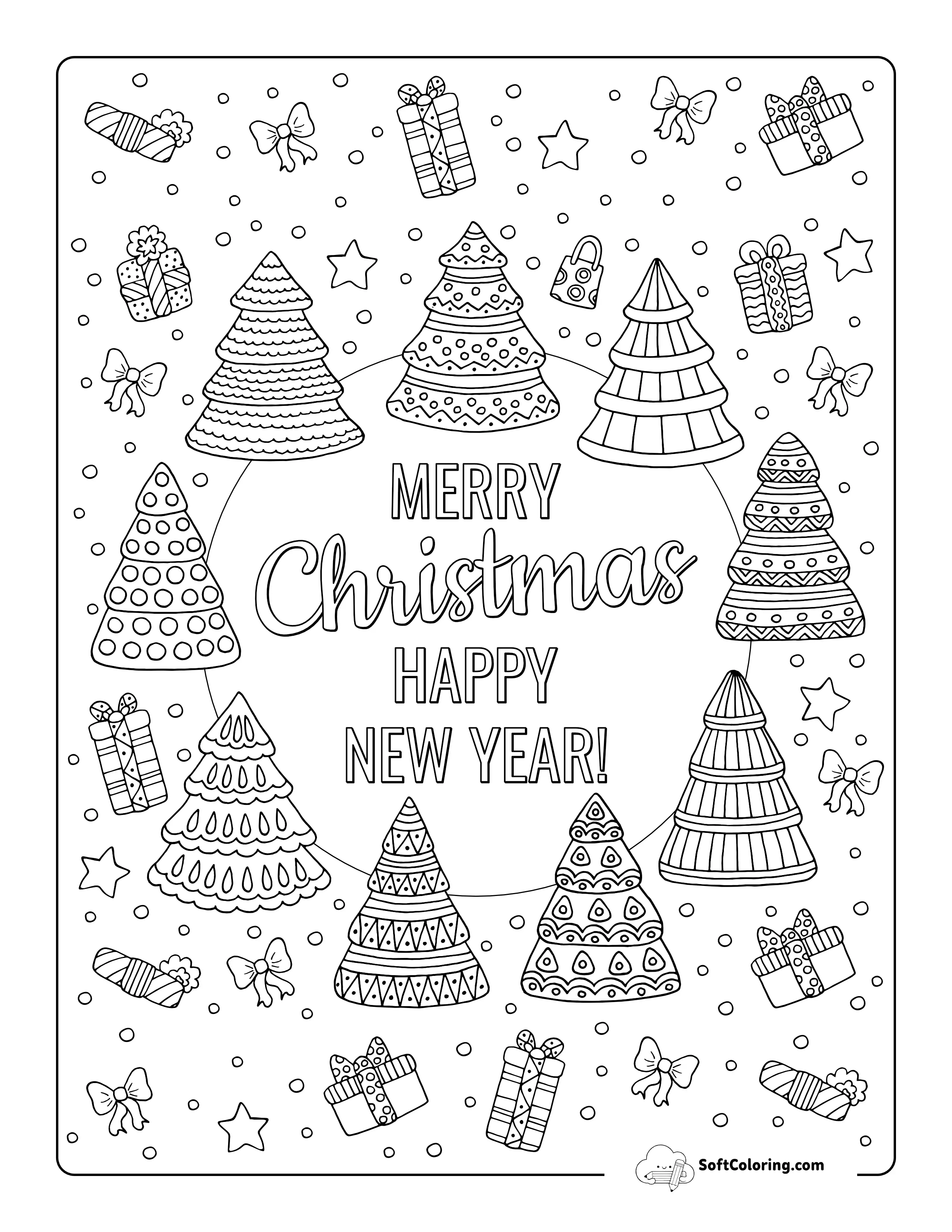 "Merry Christmas" Trees Coloring Page