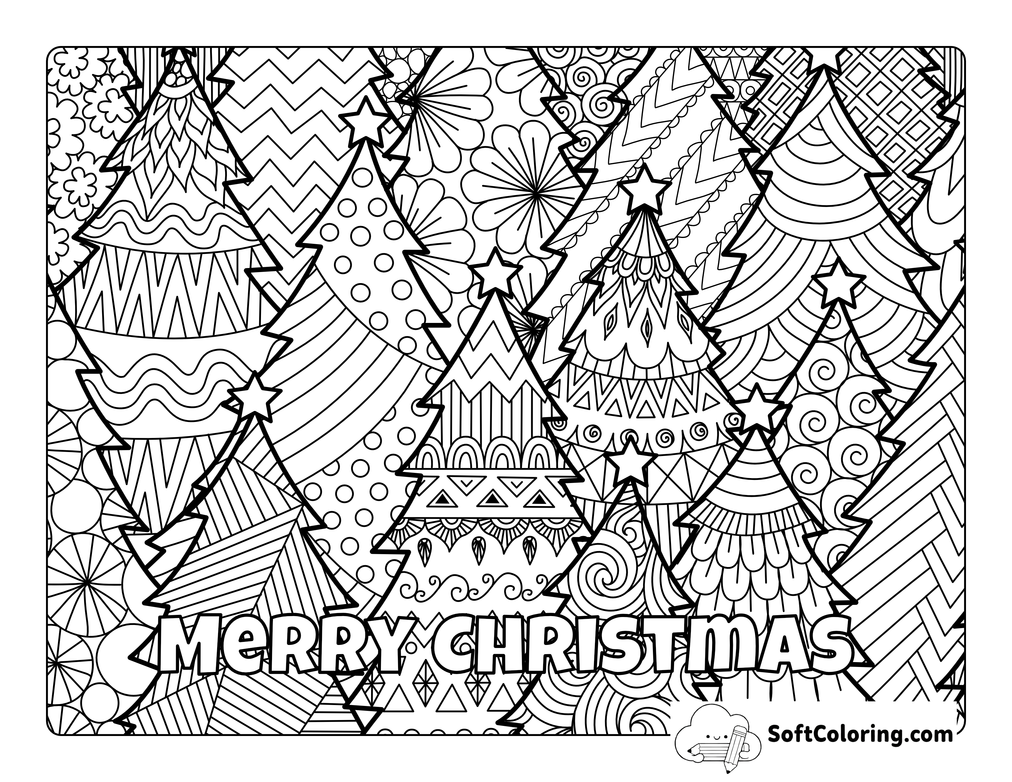 Christmas Pine Trees Coloring Sheet for Adults