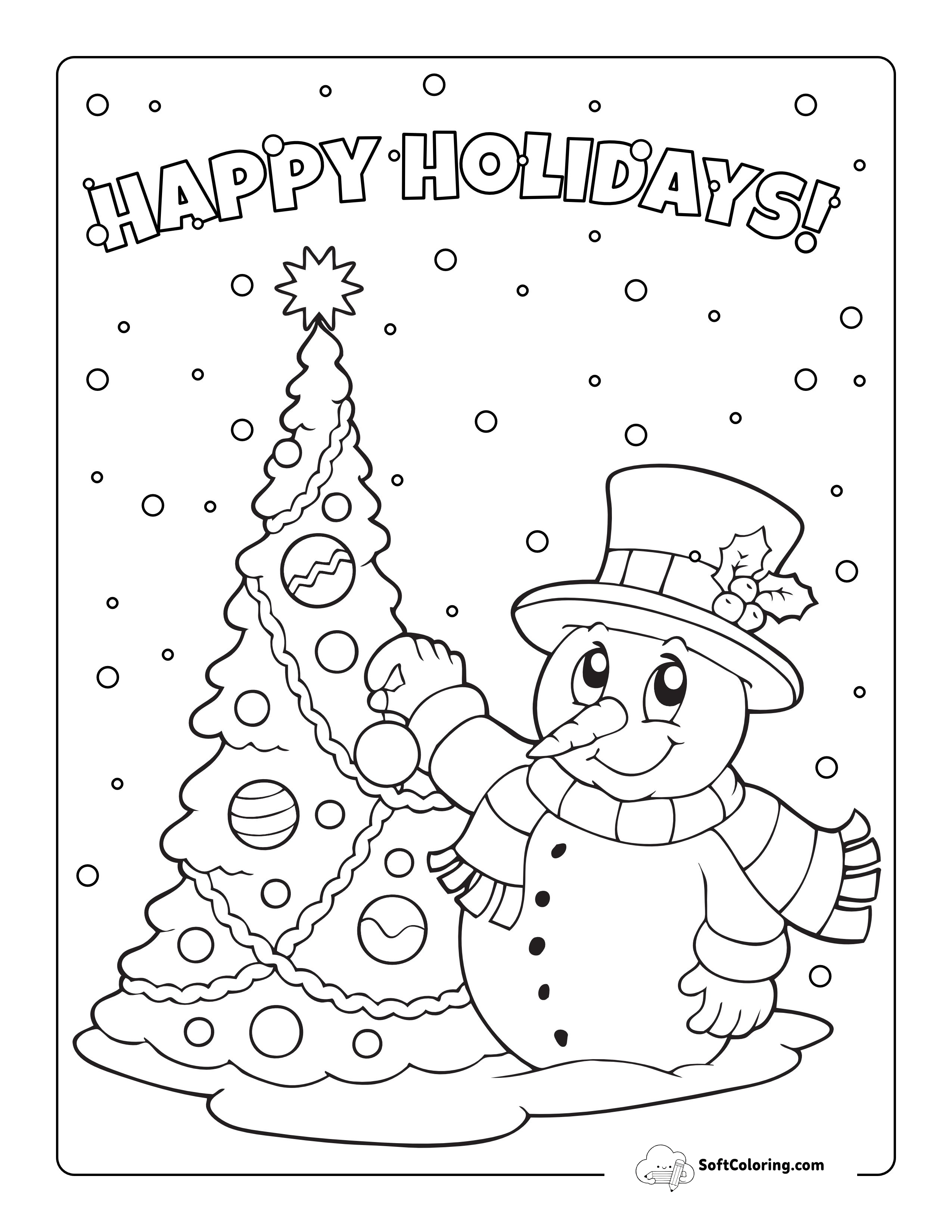Snowman Decorating Christmas Tree Coloring Page