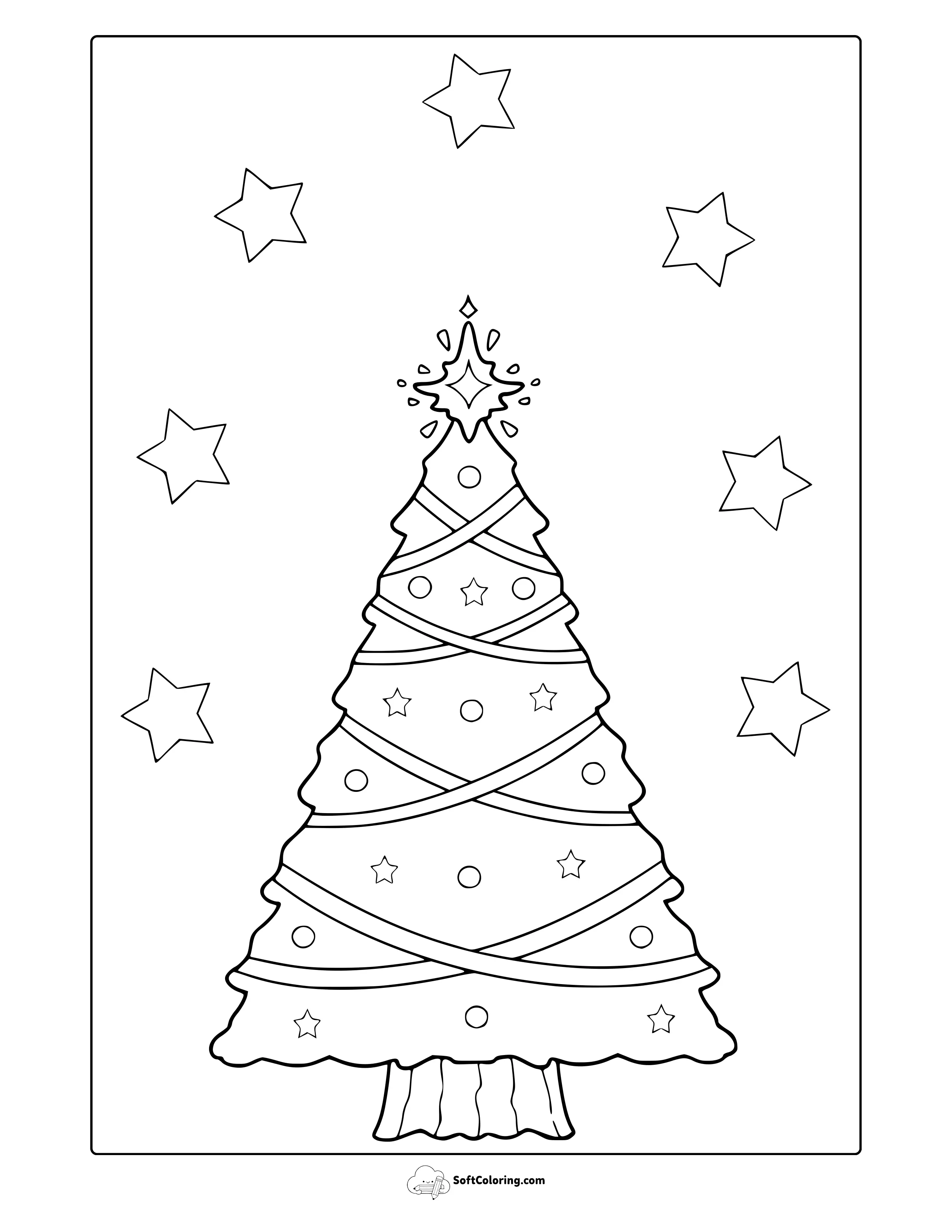 Free Printable Christmas Tree And Stars Coloring Page