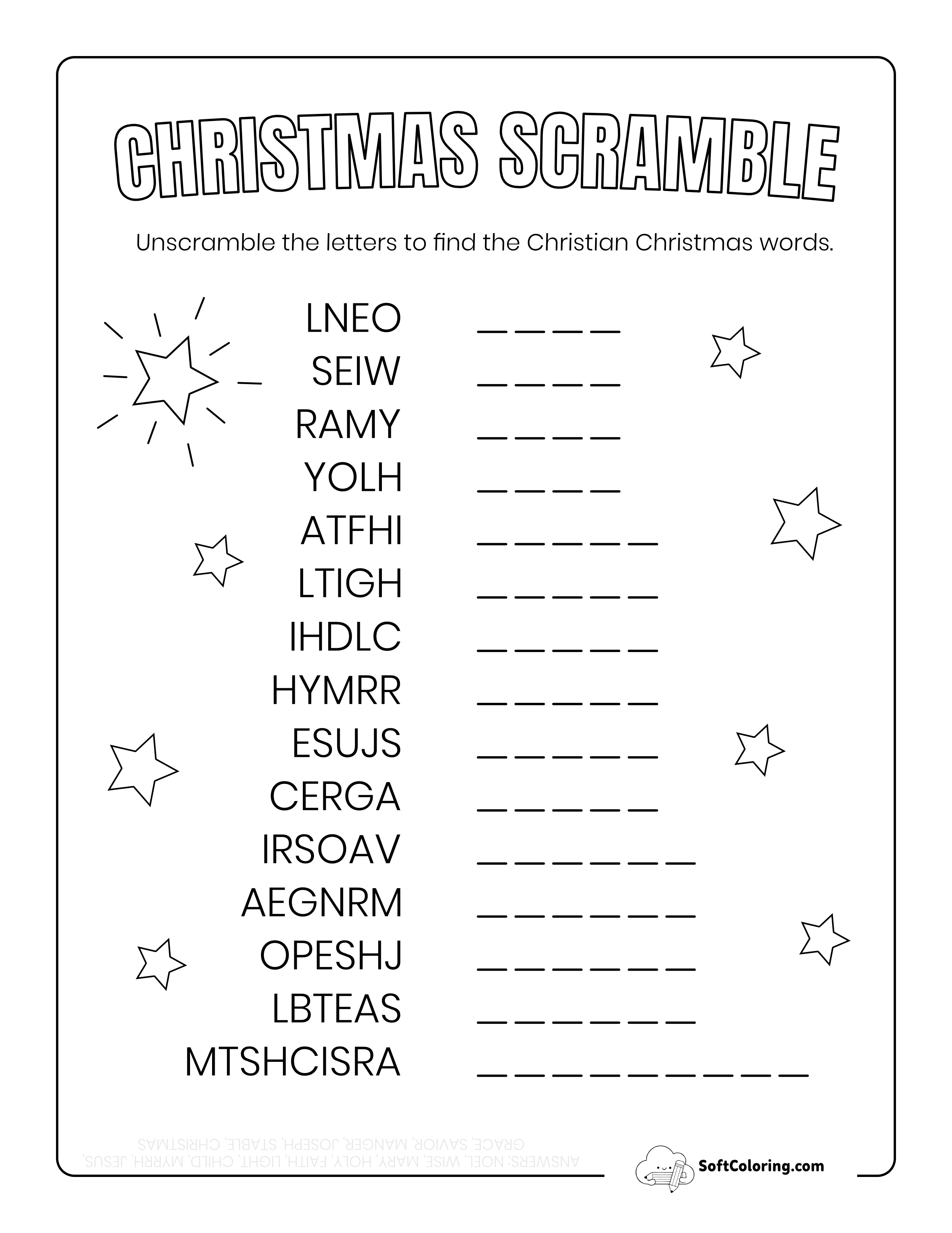 Christian Christmas Word Scramble - 15 Words