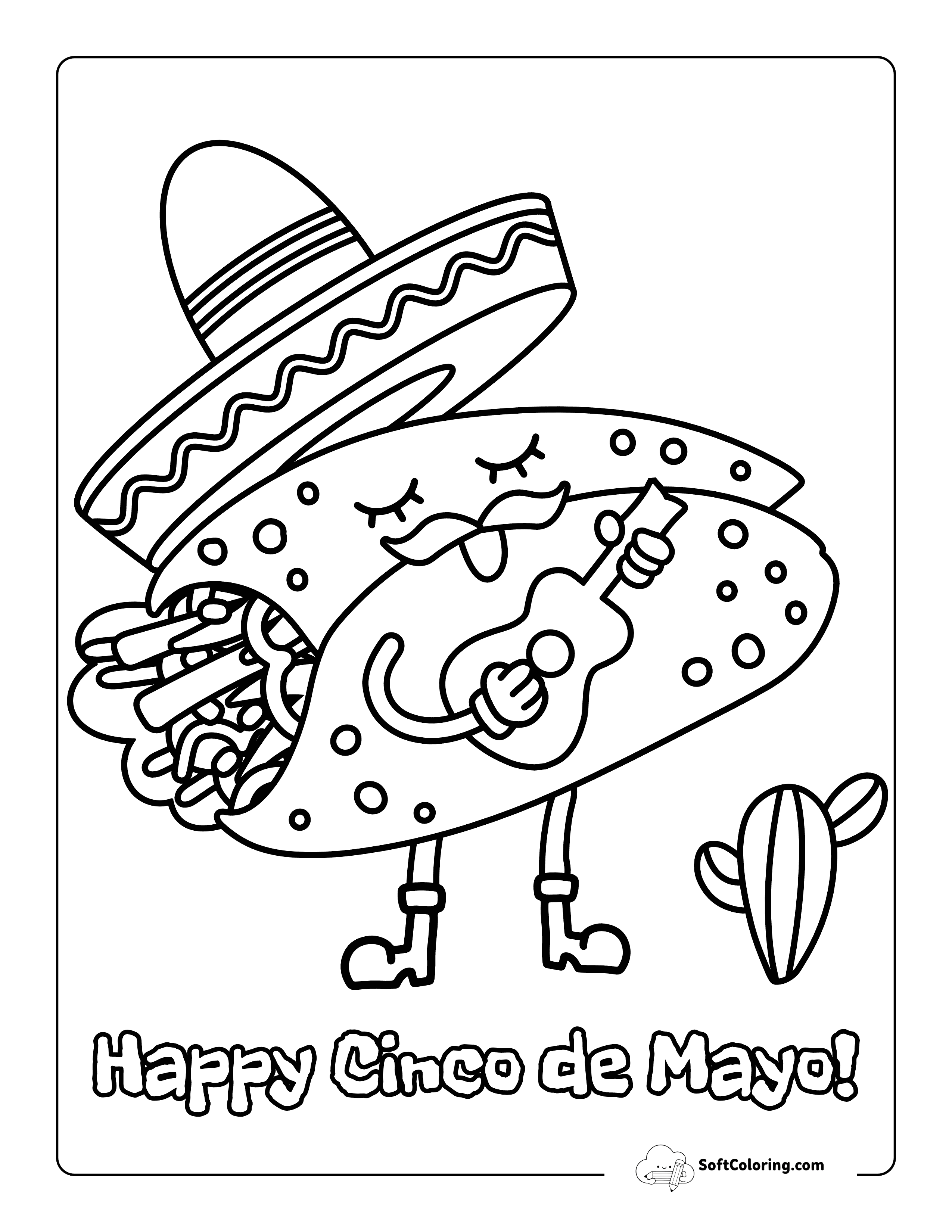 Cute Mariachi Burrito Cinco De Mayo Coloring Page Printable