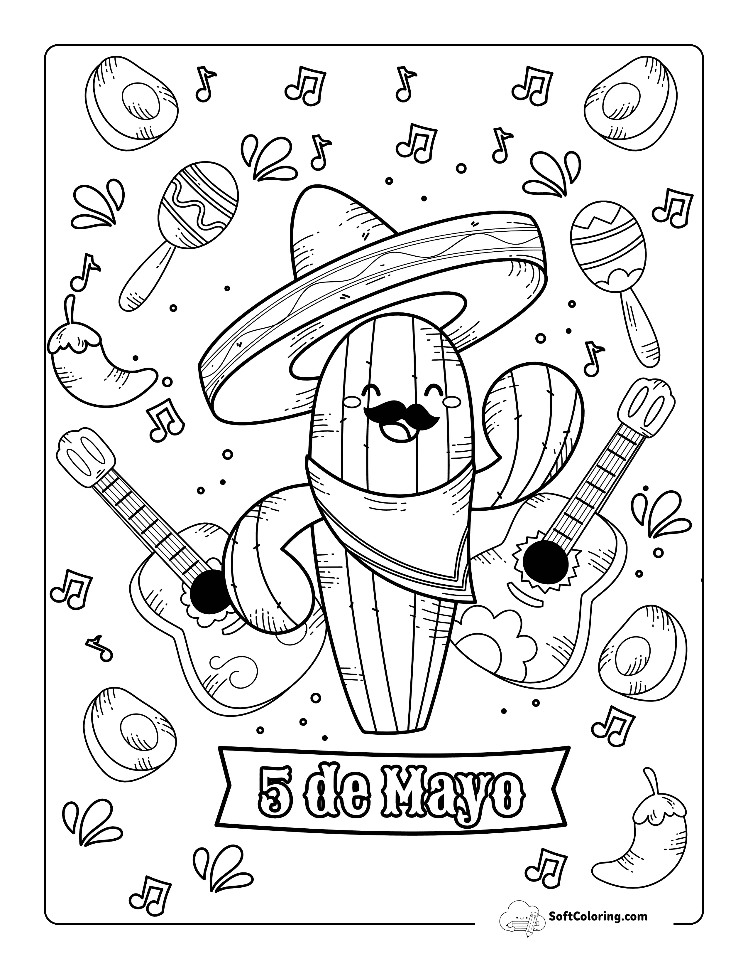 Cute Cactus Celebrating Cinco De Mayo Coloring Sheet