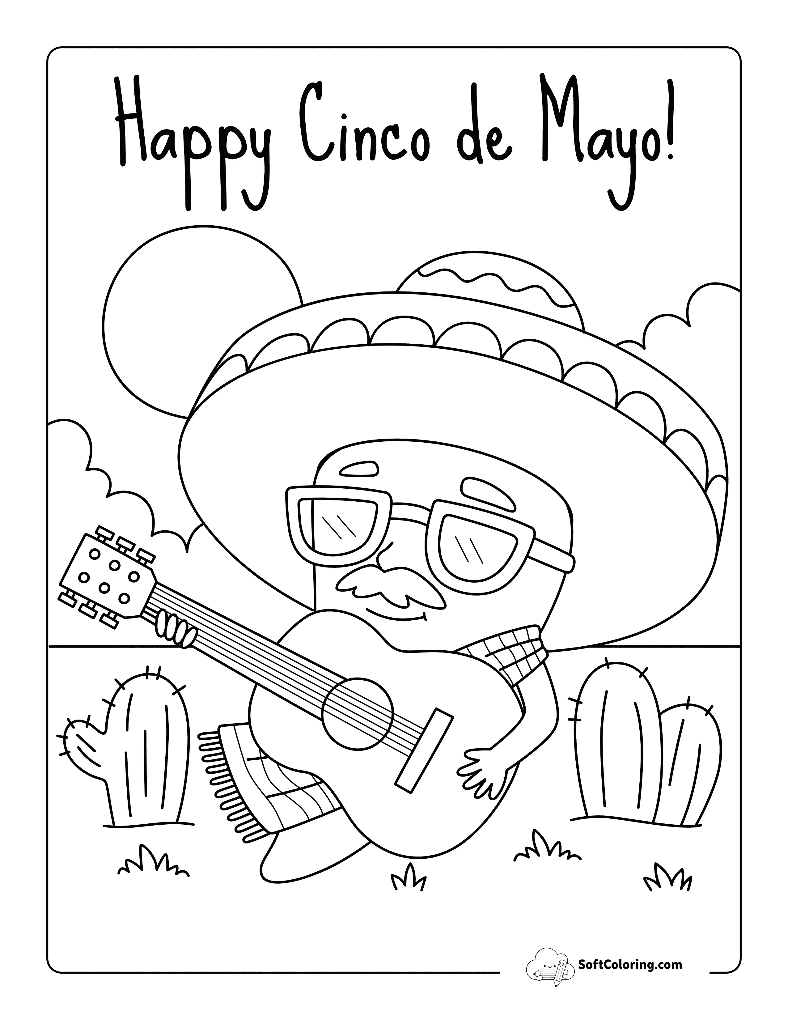 Easy Cute Jalapeño Playing Guitar Cinco De Mayo Coloring Page