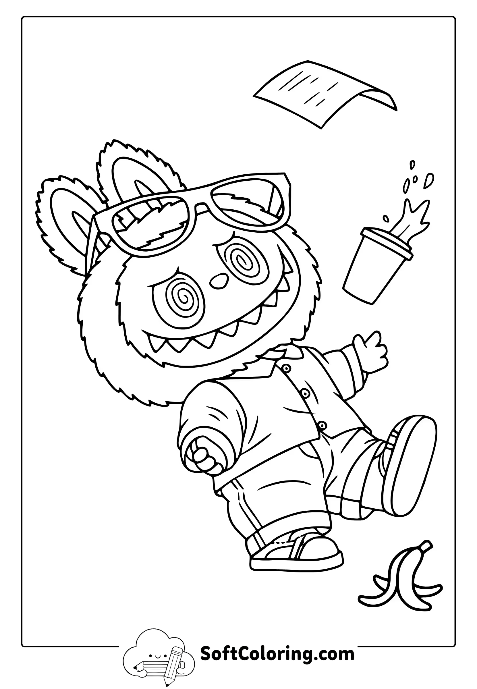 Clumsy Labubu falls coloring page