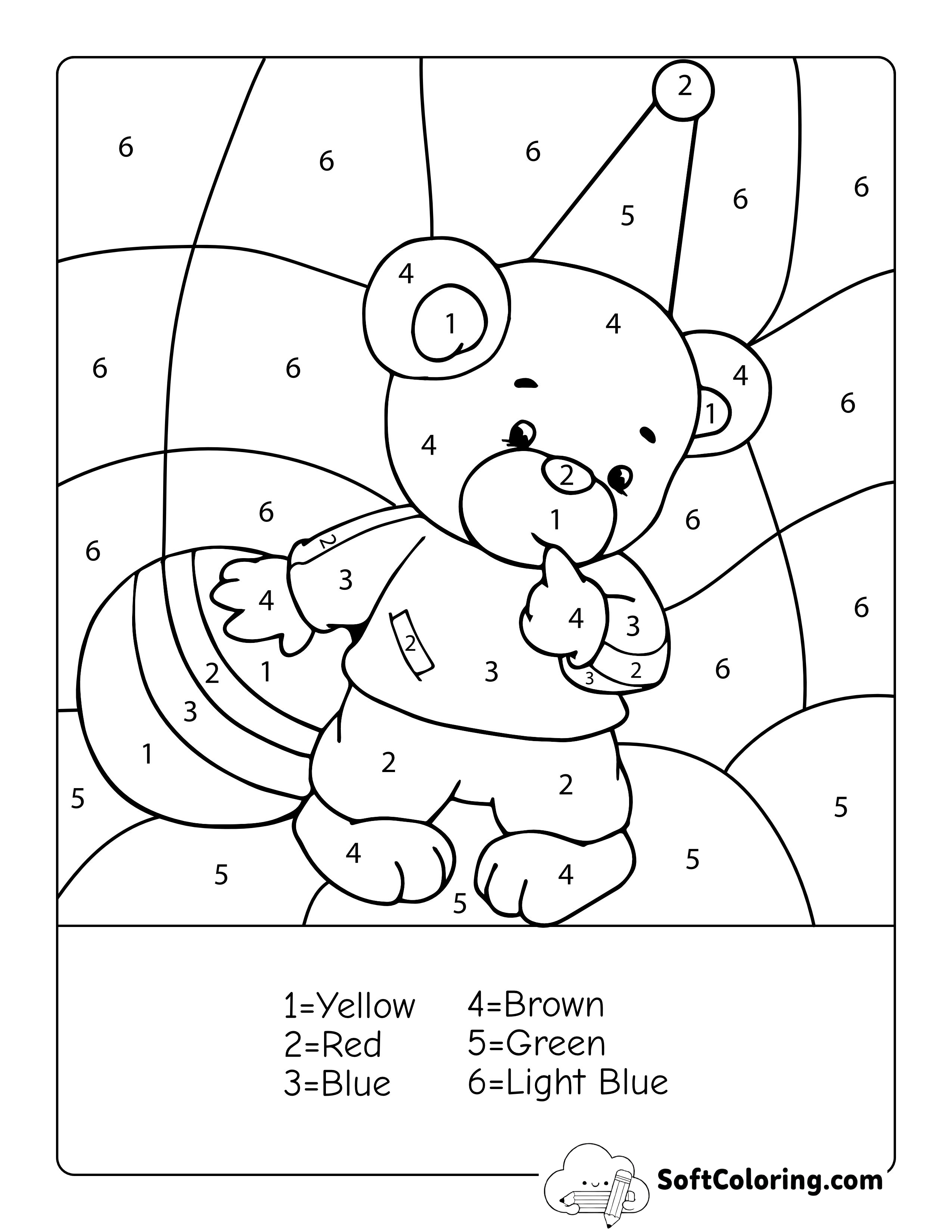 Cute Teddy Bear Color by Number Worksheet