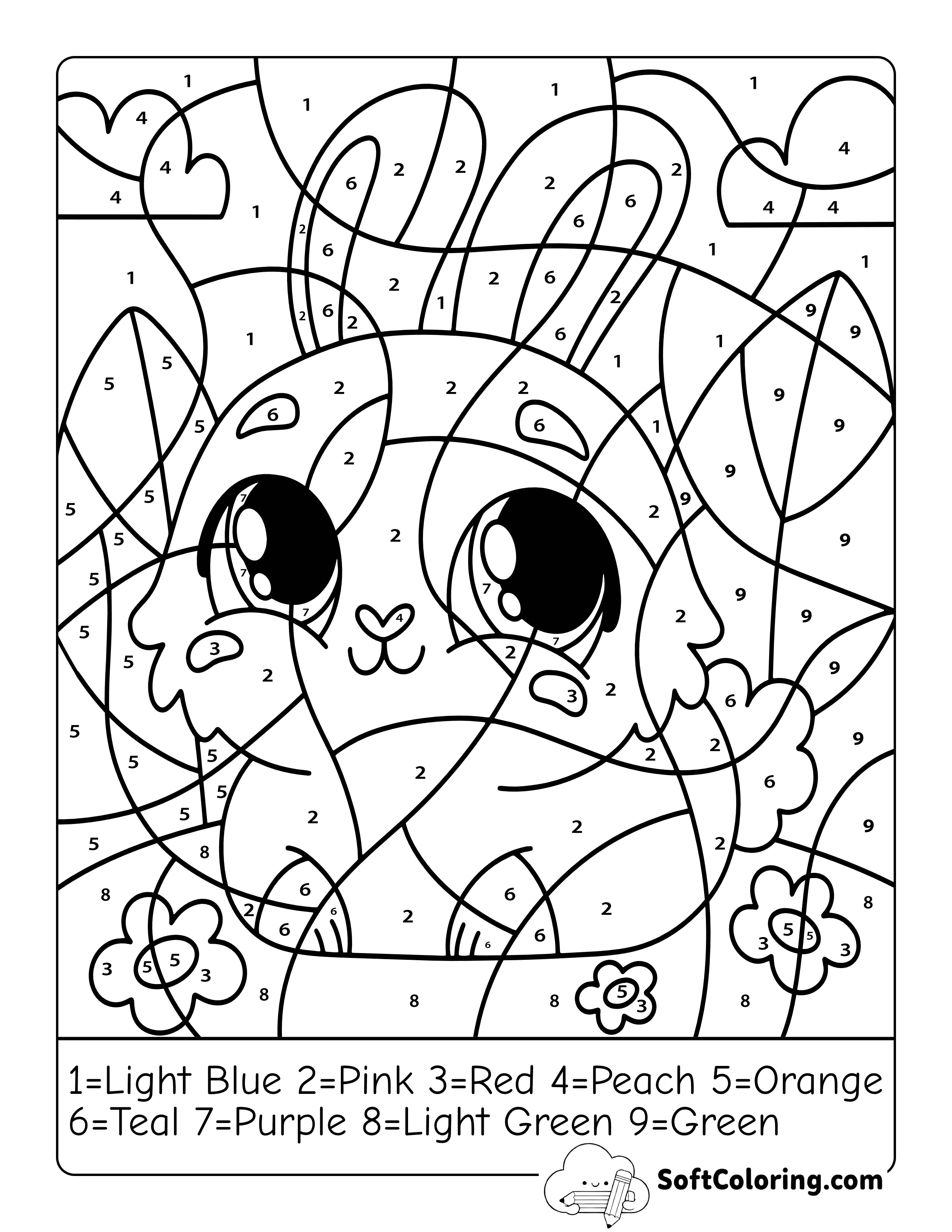 Cute Spring Bunny Color By Number Coloring Sheet