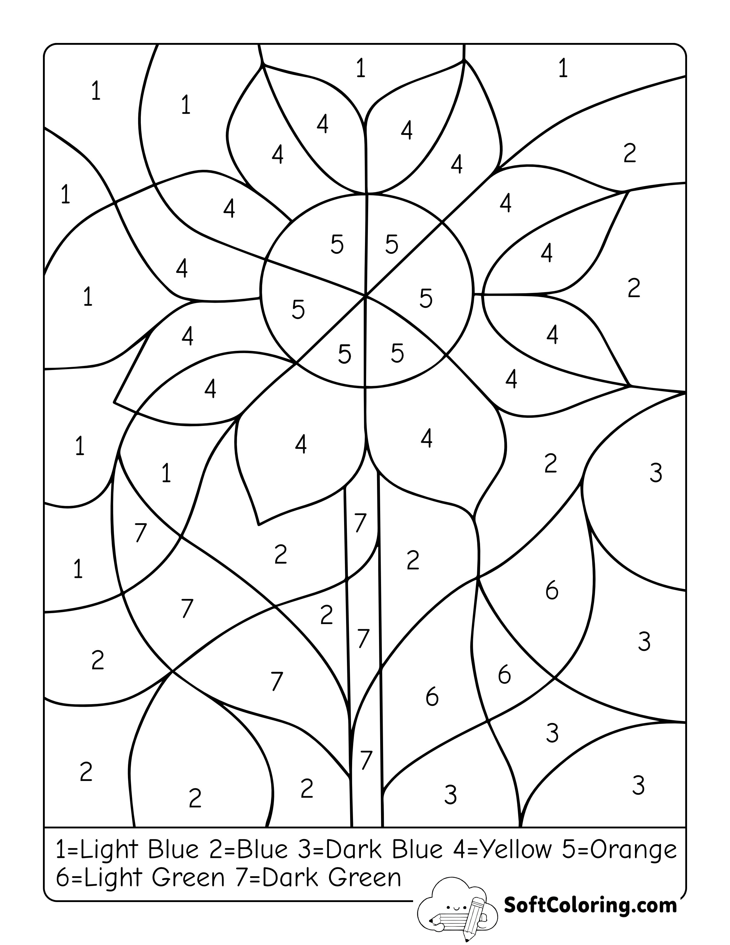 Color by Number Sunflower Picture for Kids