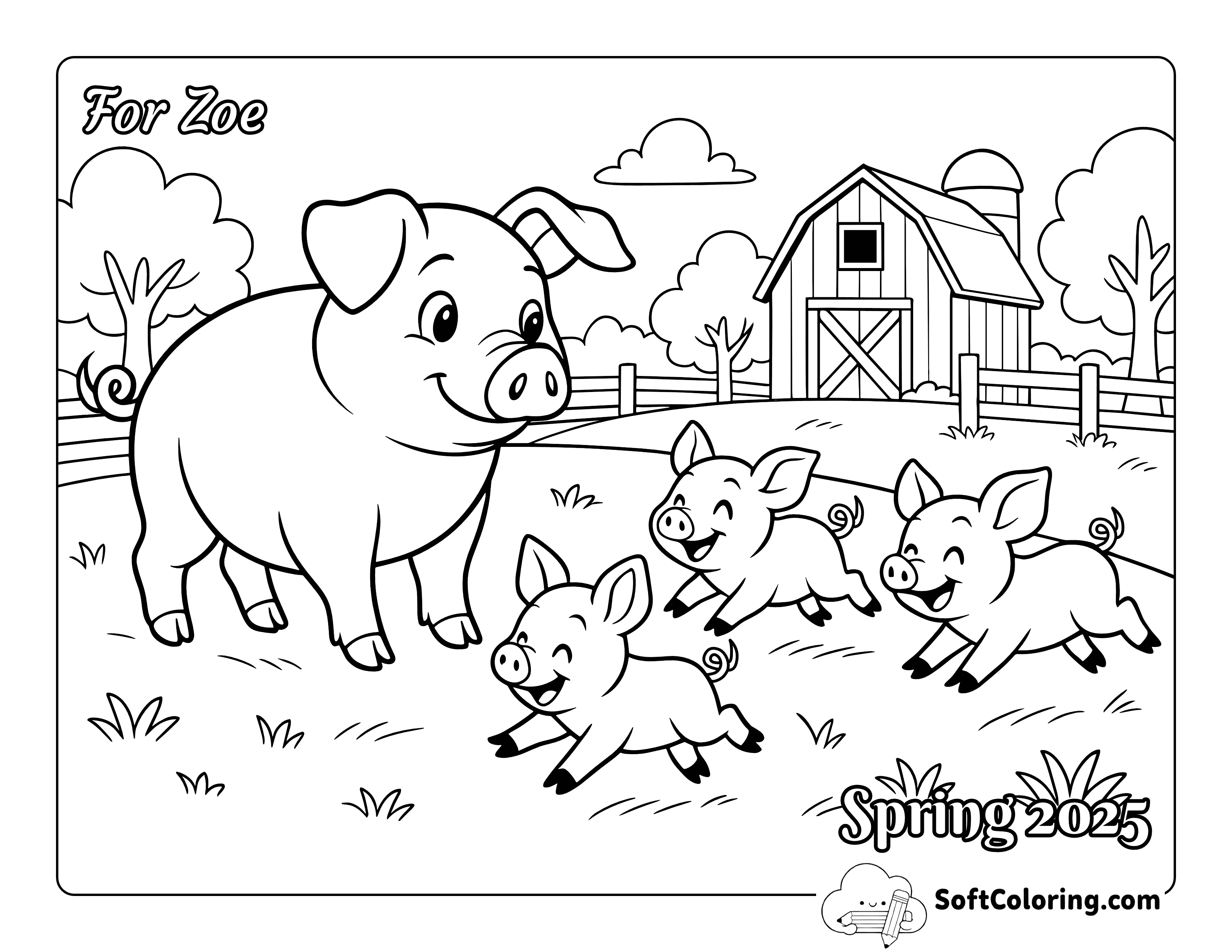 Cute Pigs Playing on Farm Animal Coloring Sheet
