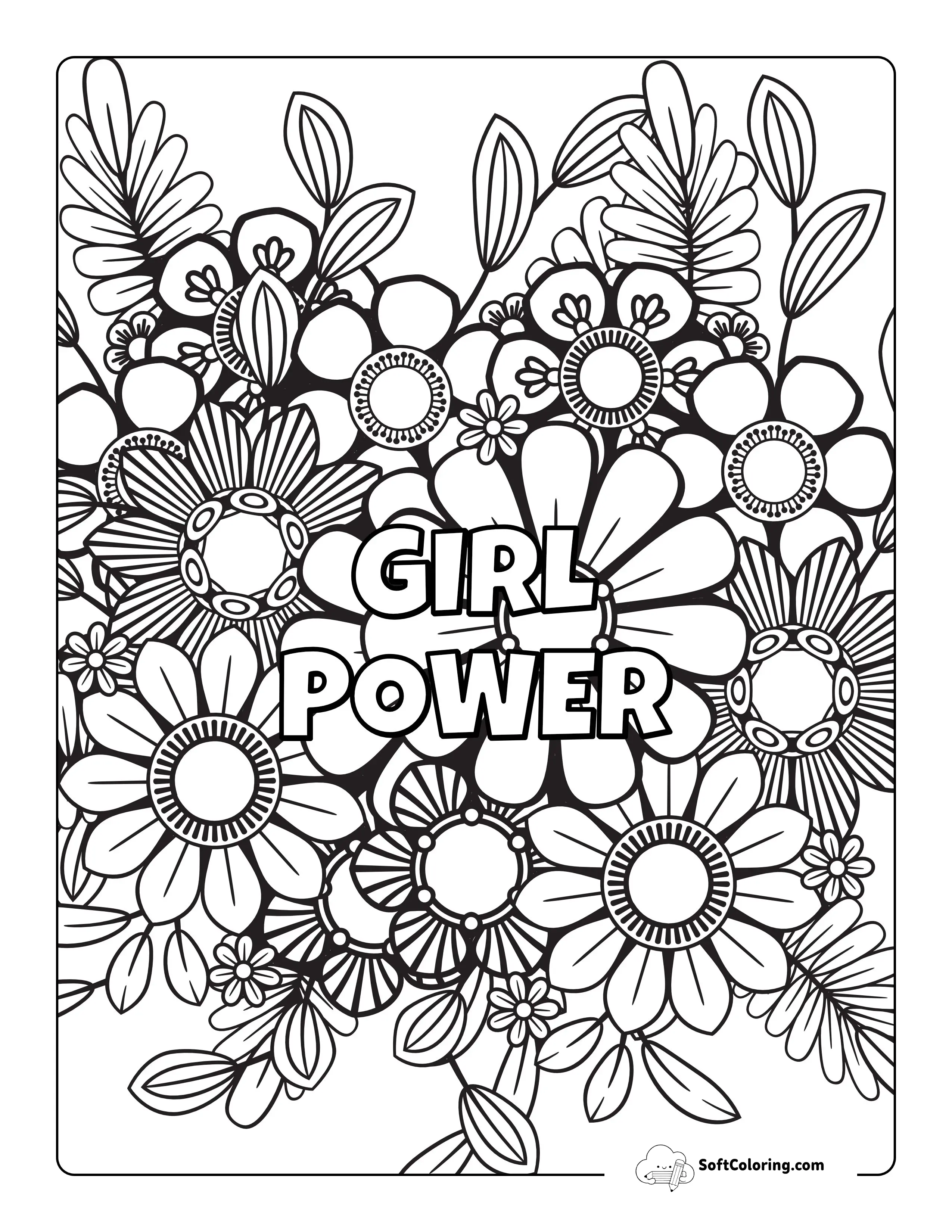 "Girl Power" Floral Daisy Doodle To Color