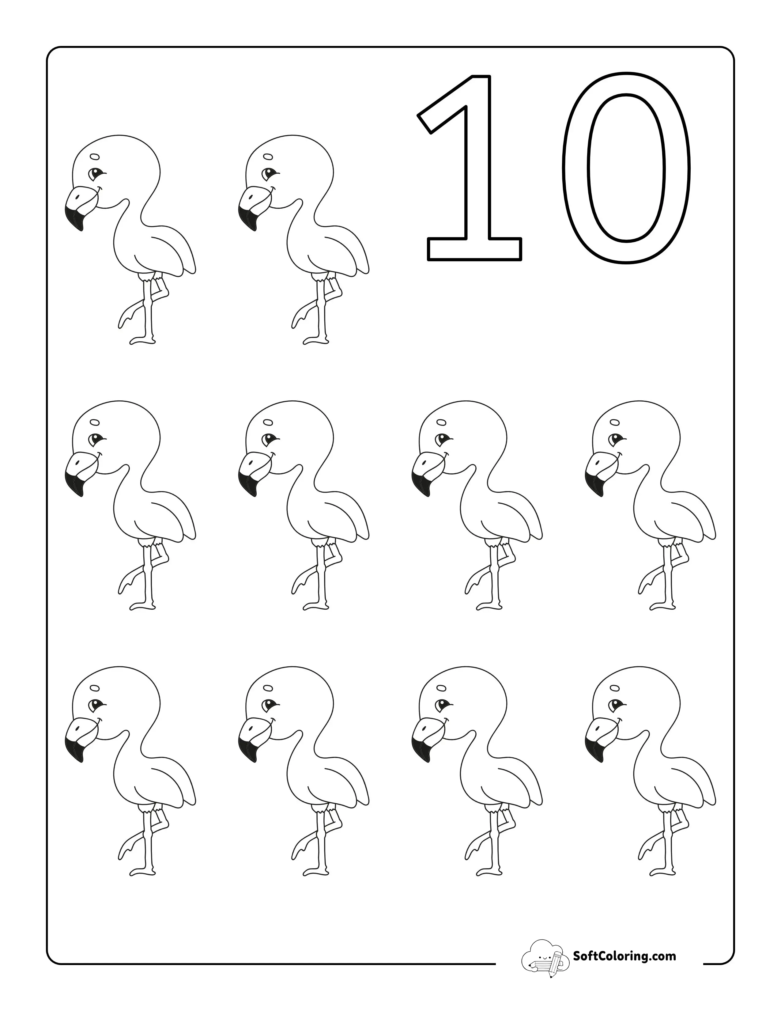"Ten Flamingos" Numbers Coloring Page For Kindergartners