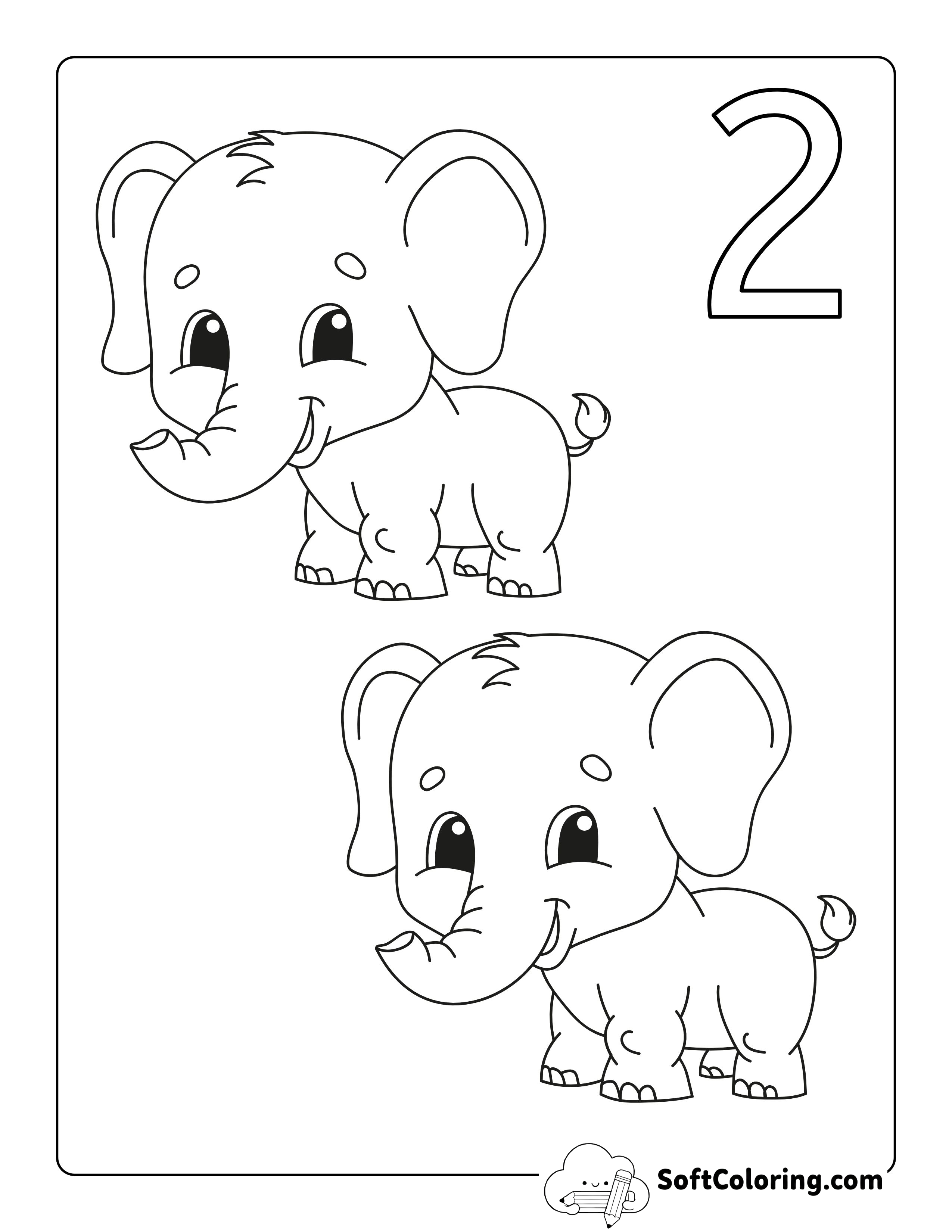 "Two Elephants" Numbers Coloring Page for Toddlers