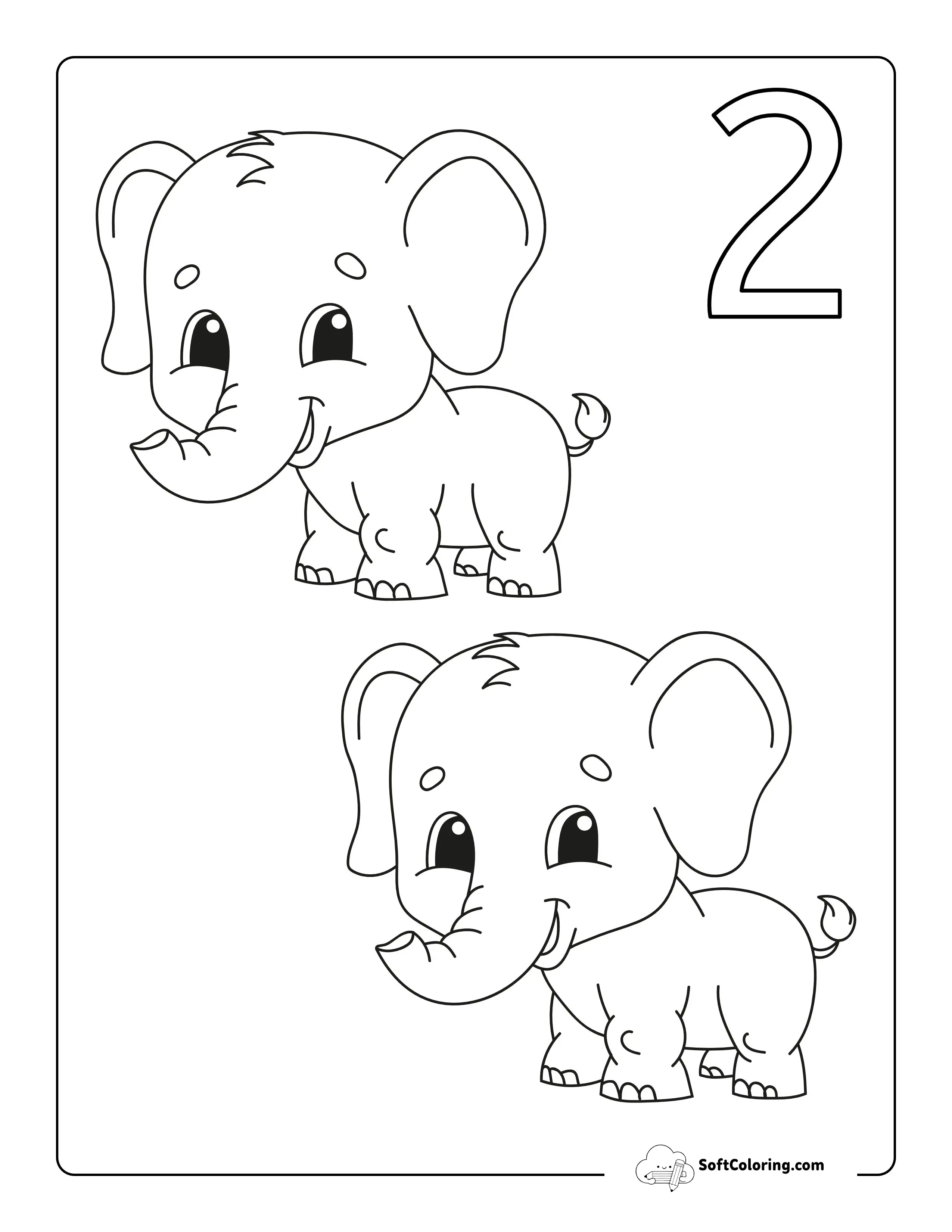 "Two Elephants" Numbers Coloring Page For Toddlers