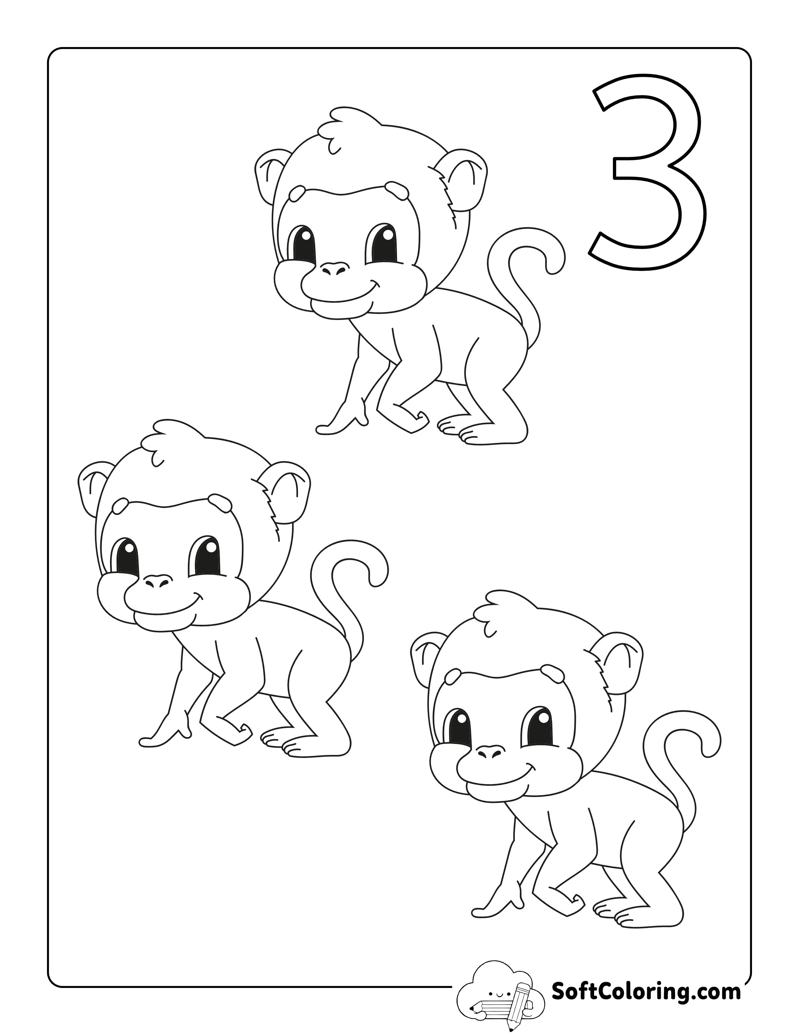 "Three Monkeys" Numbers Coloring Sheet for Preschoolers