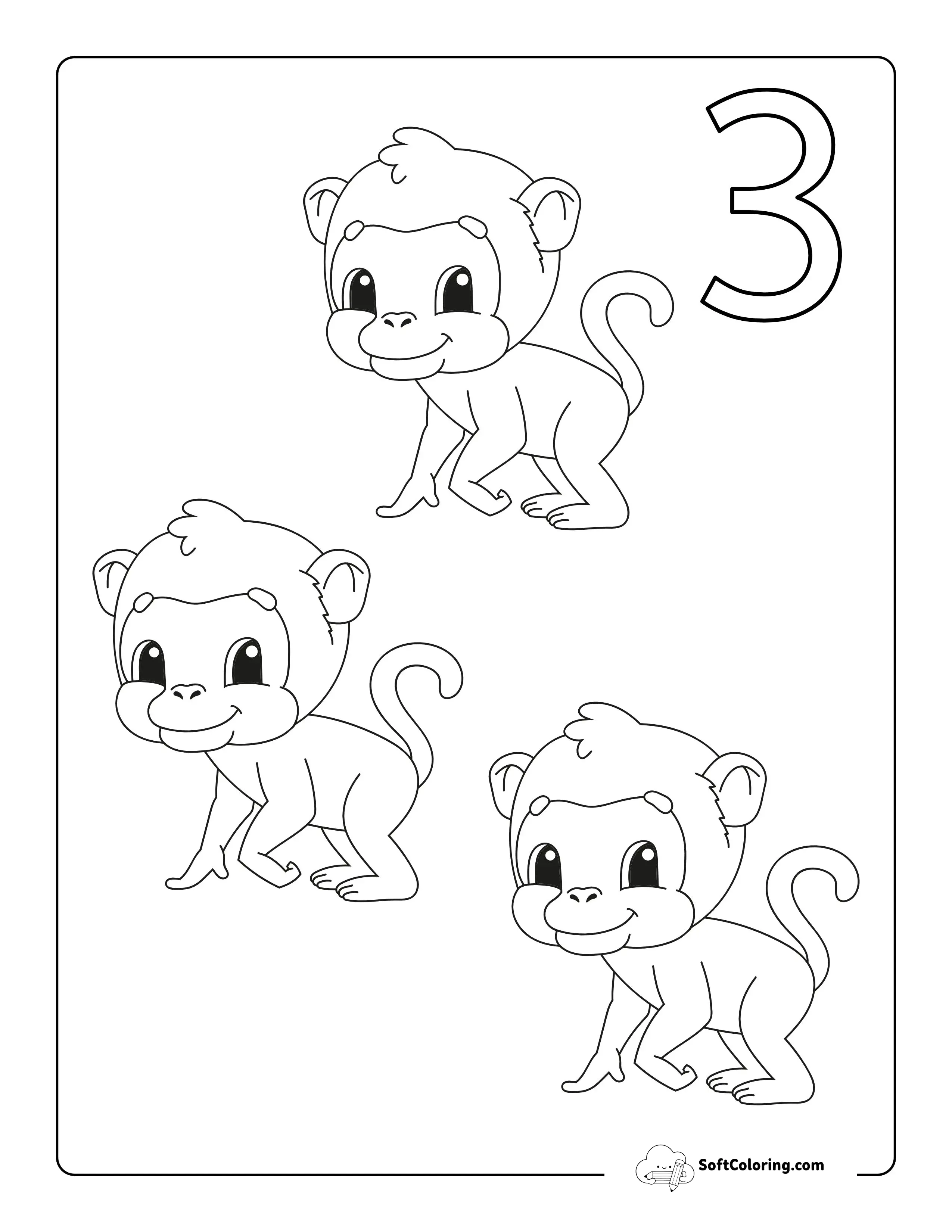 "Three Monkeys" Numbers Coloring Sheet For Preschoolers