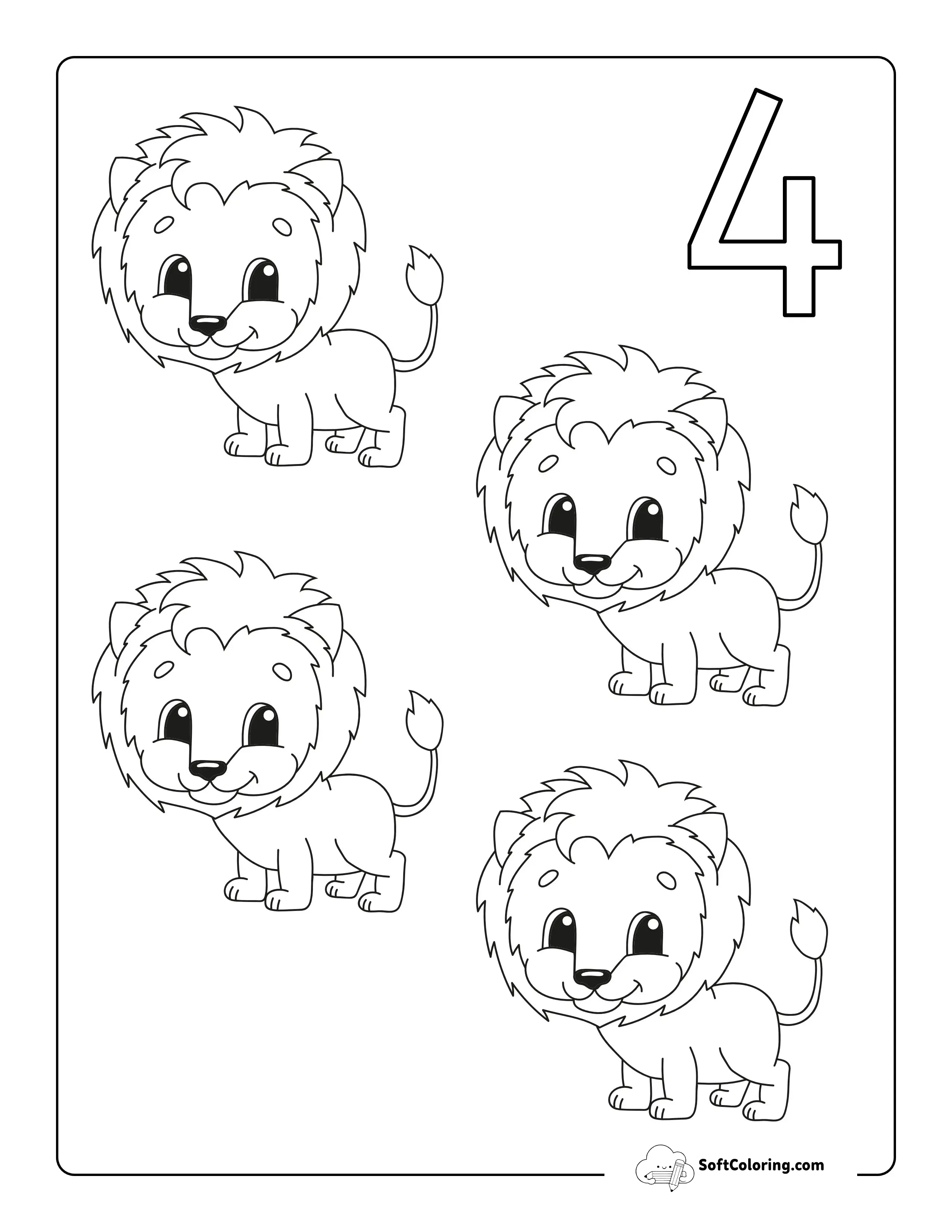 "Four Lions" Numbers Coloring Page For Kids