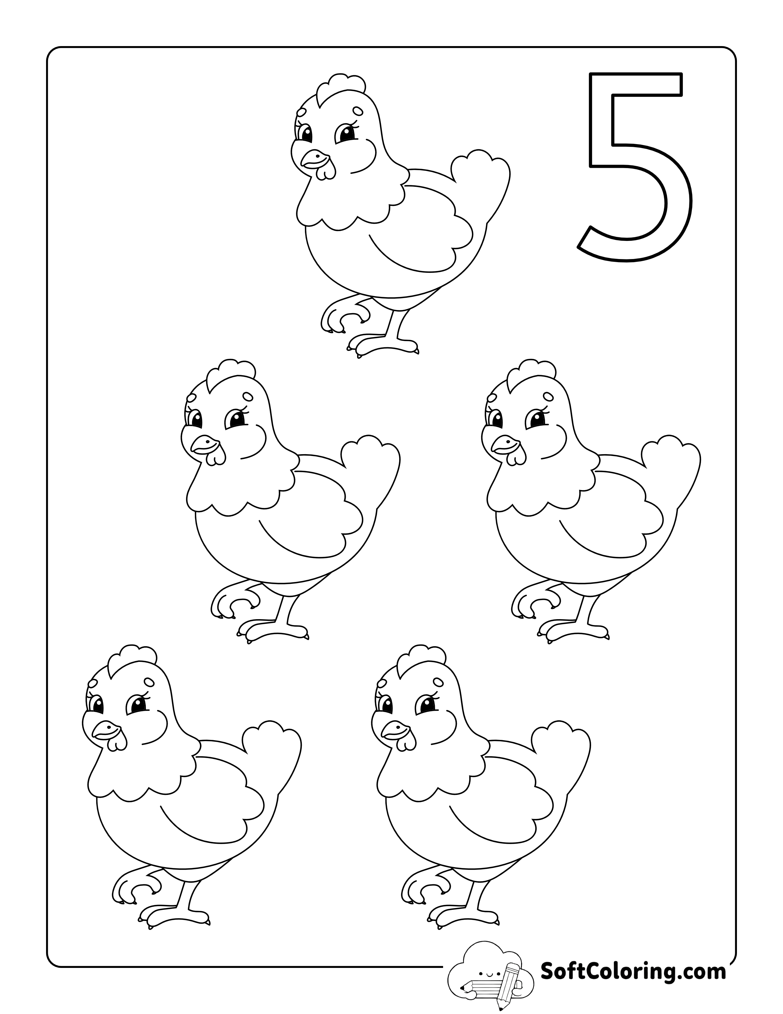 "Five Chickens" Coloring Sheet for Kindergartners