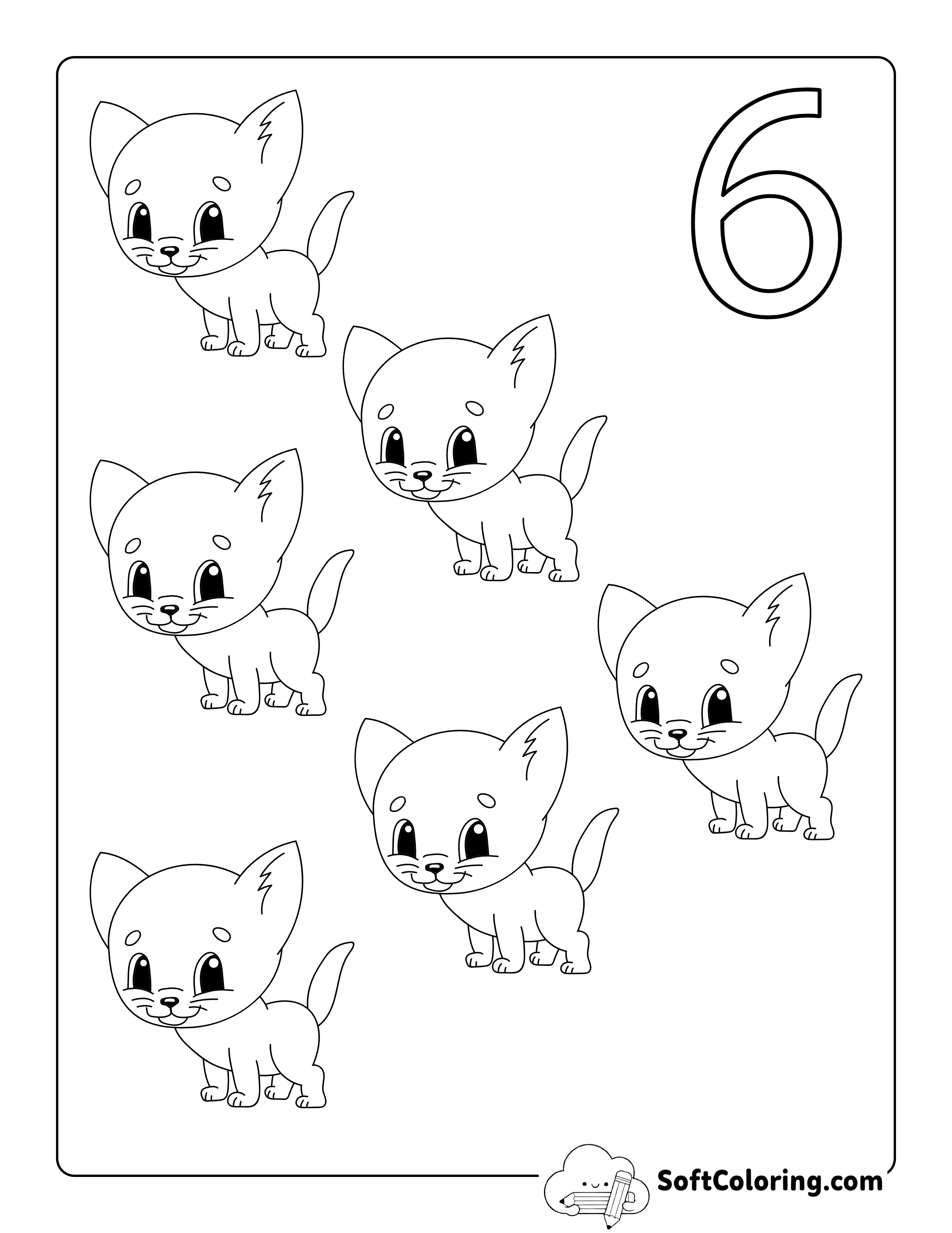 "Six Cats" Numbers Printable to Color