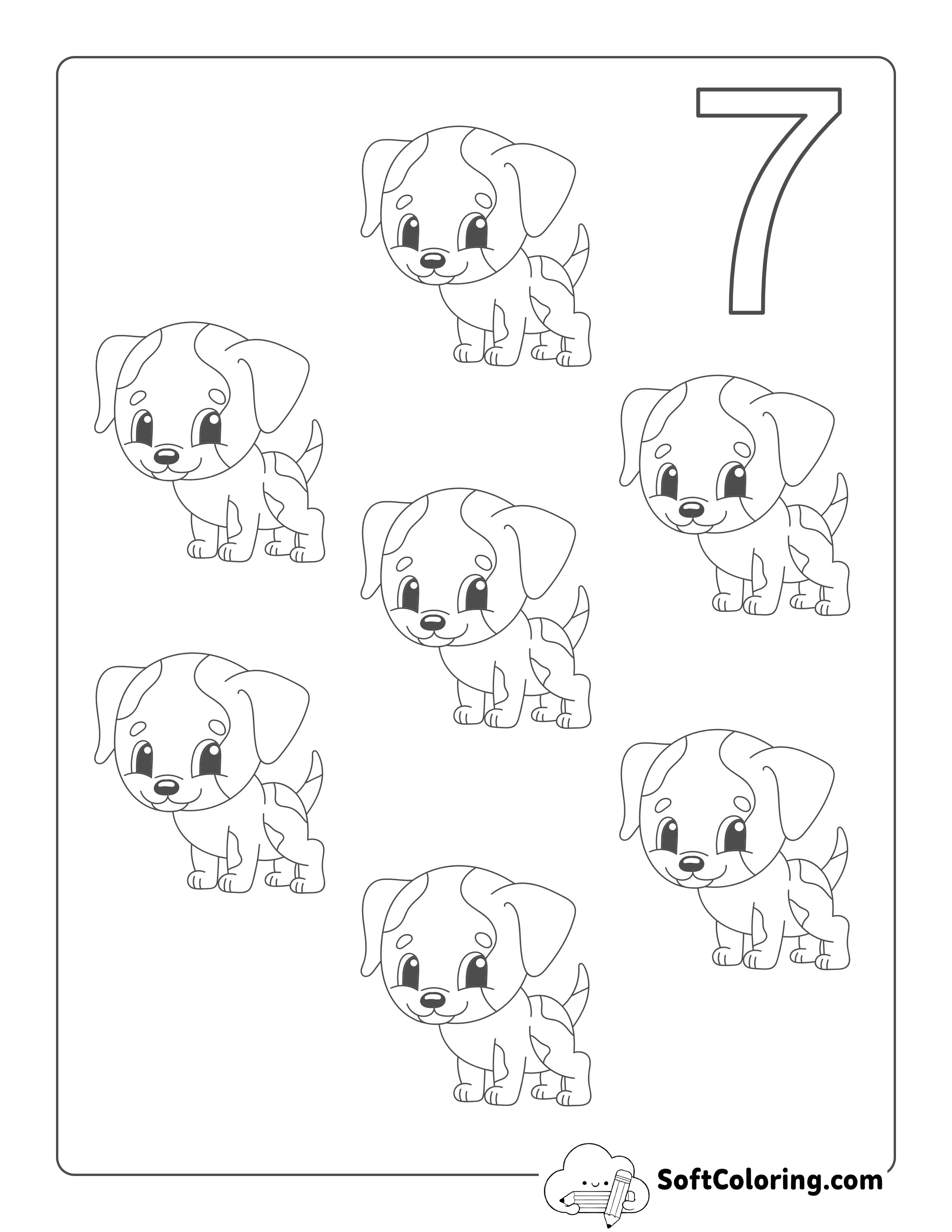"Seven Dogs" Numbers Worksheet to Color