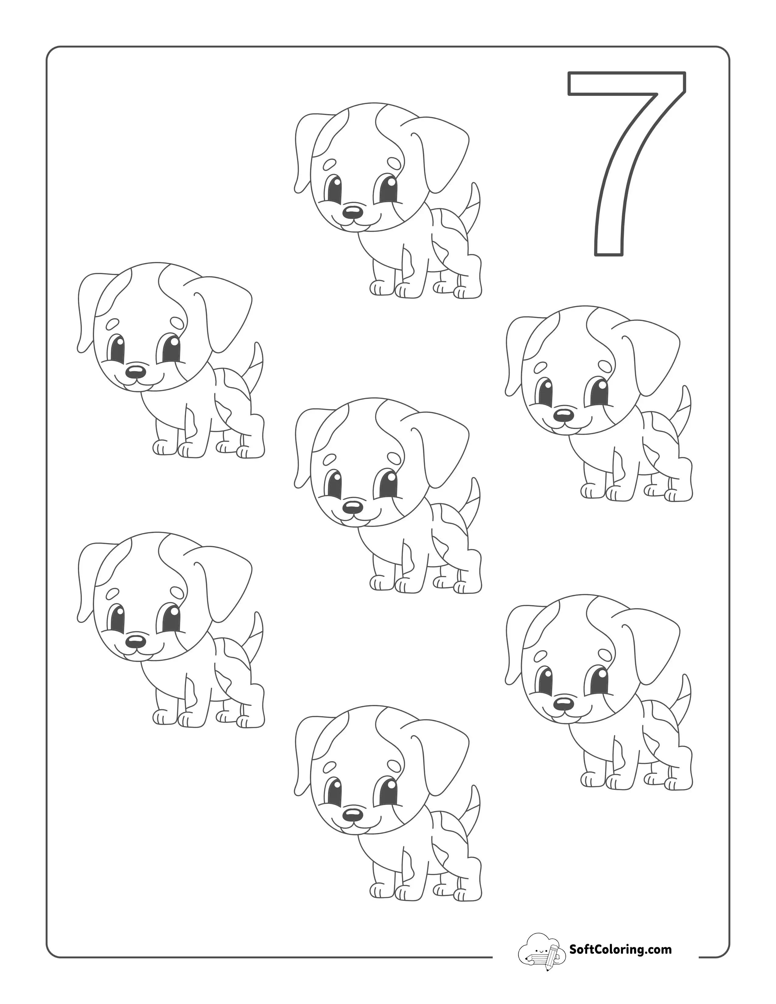 "Seven Dogs" Numbers Worksheet To Color