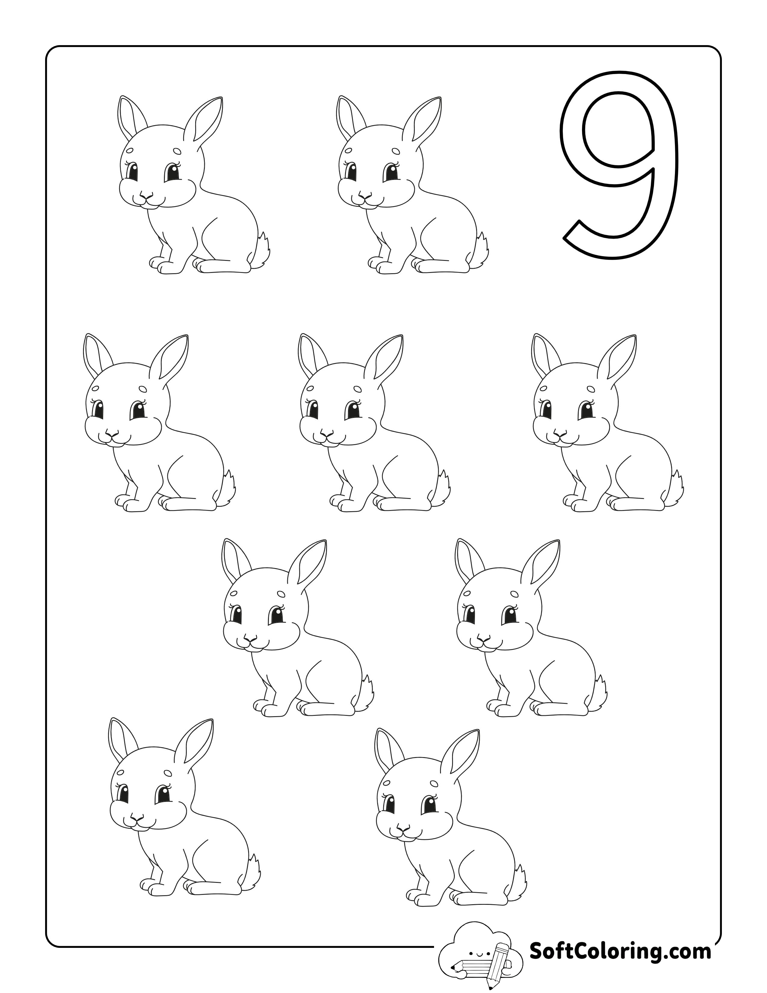 "Nine Rabbits" Numbers Coloring Sheet for Toddlers
