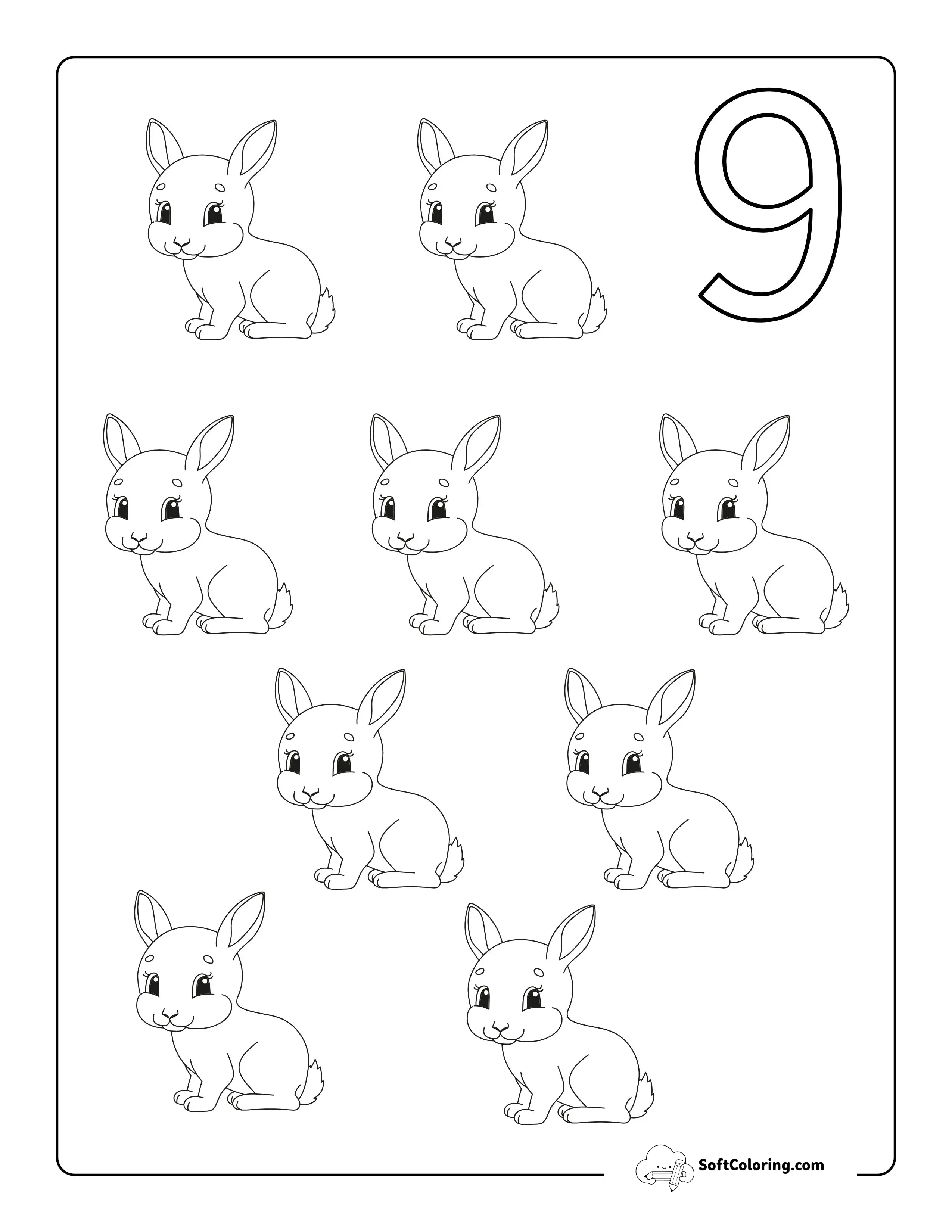 "Nine Rabbits" Numbers Coloring Sheet For Toddlers